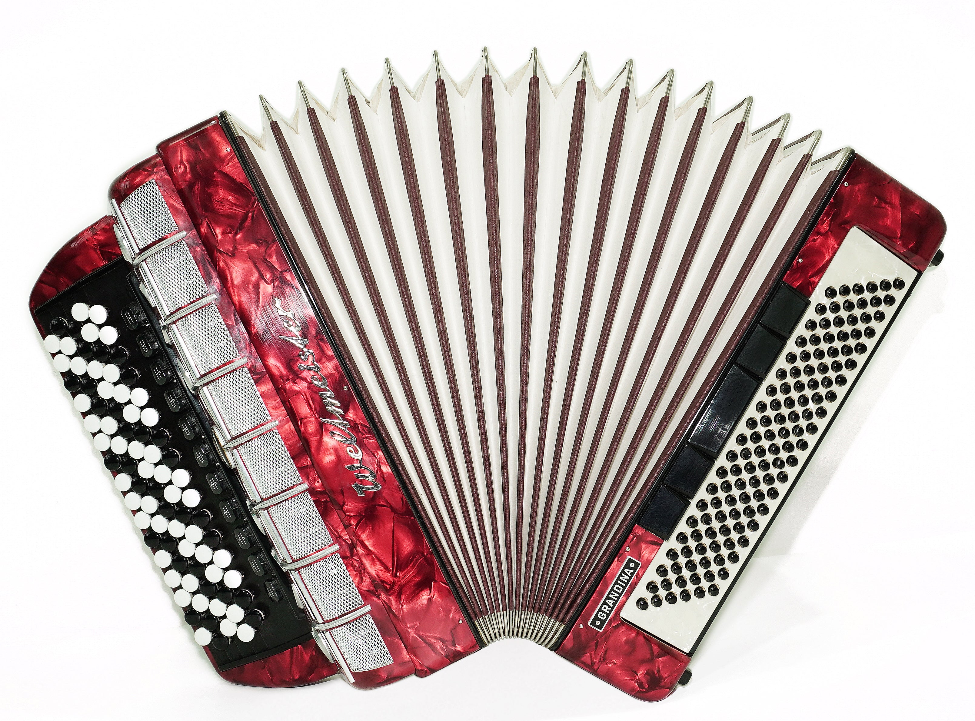 Weltmeister Grandina Button Accordion 120 Bass, made in Germany, 5 Row Bayan B Griff, Straps and Case, Vintage Professional Accordion, 2704