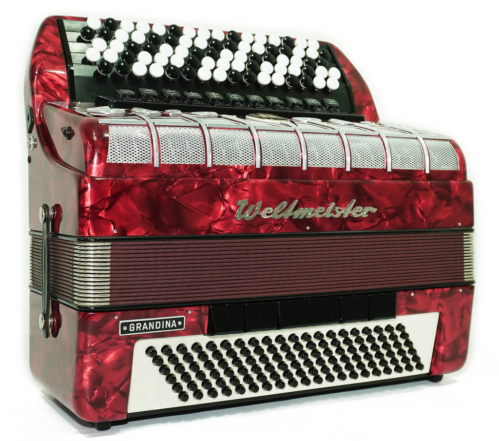 Weltmeister Grandina Button Accordion 120 Bass, made in Germany, 5 Row Bayan B Griff, Straps and Case, Vintage Professional Accordion, 2704