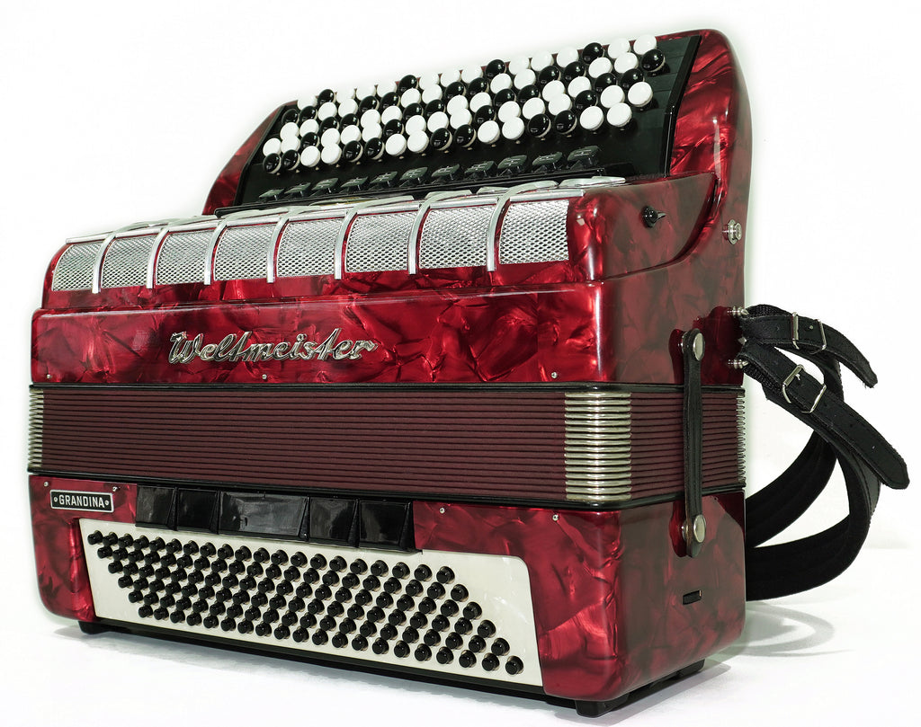 Weltmeister Grandina Button Accordion 120 Bass, made in Germany, 5 Row Bayan B Griff, Straps and Case, Vintage Professional Accordion, 2704