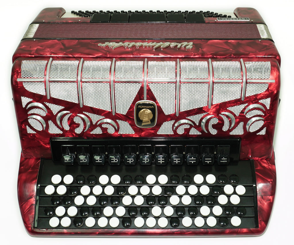Weltmeister Grandina Button Accordion 120 Bass, made in Germany, 5 Row Bayan B Griff, Straps and Case, Vintage Professional Accordion, 2704