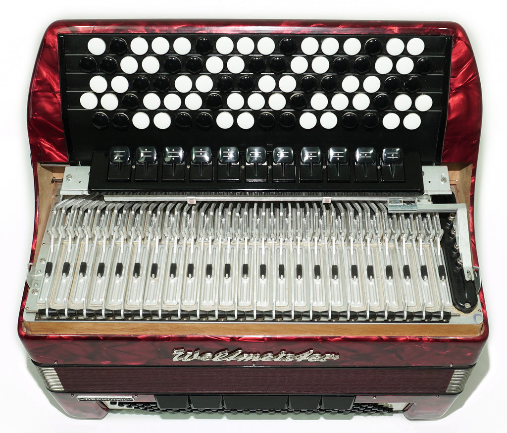 Weltmeister Grandina Button Accordion 120 Bass, made in Germany, 5 Row Bayan B Griff, Straps and Case, Vintage Professional Accordion, 2704