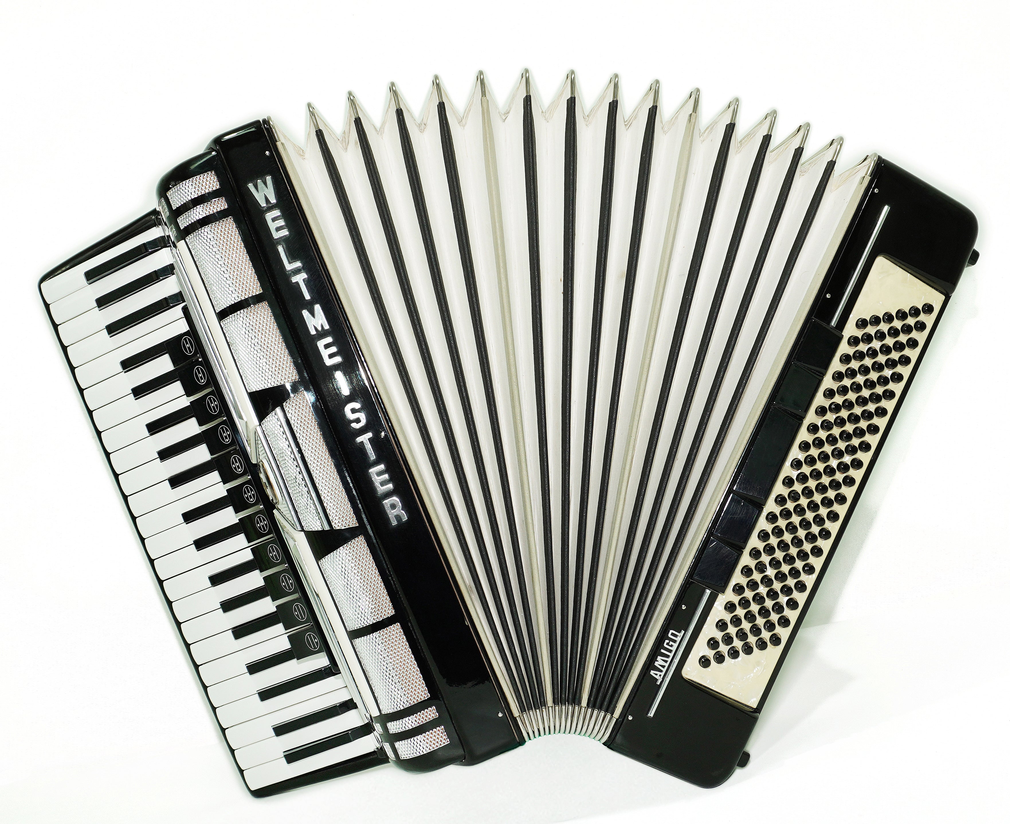 Weltmeister Amigo Accordion 120 Bass, German Full Size Keyboard Piano Accordian, New Straps and Soft Bag, 2713