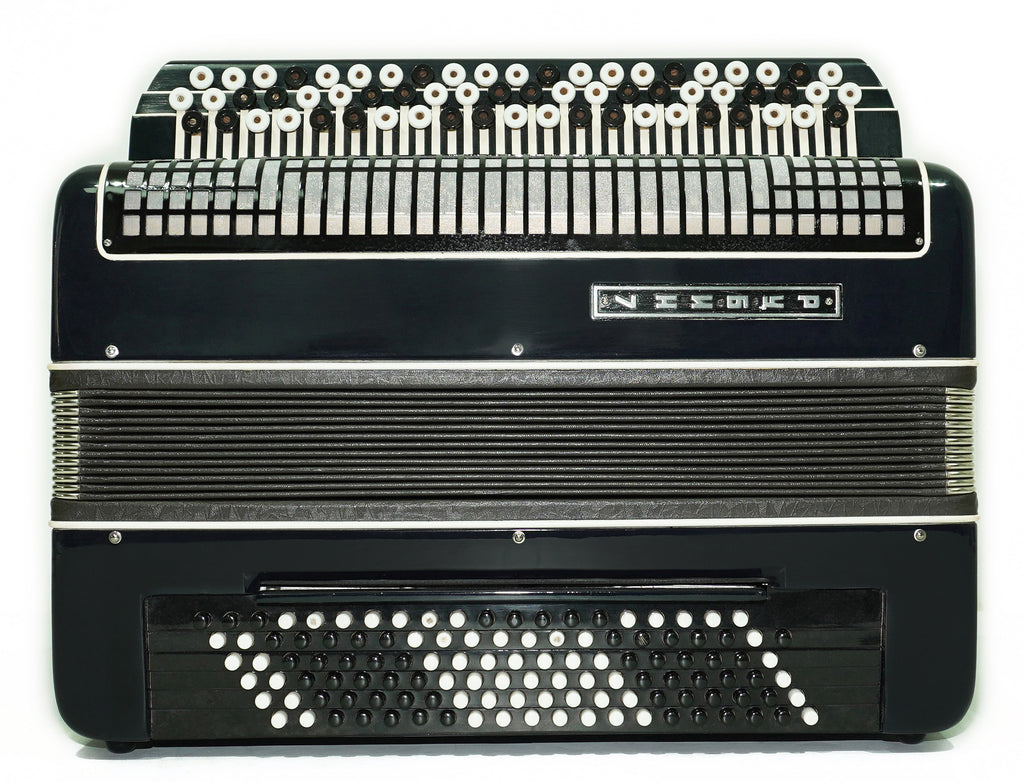 Converter Bayan Rubin 7 Free Bass and Stradella, 120 Bass Button Accordion, Vintage Russian Bayan Accordian with Straps and Case, 2717