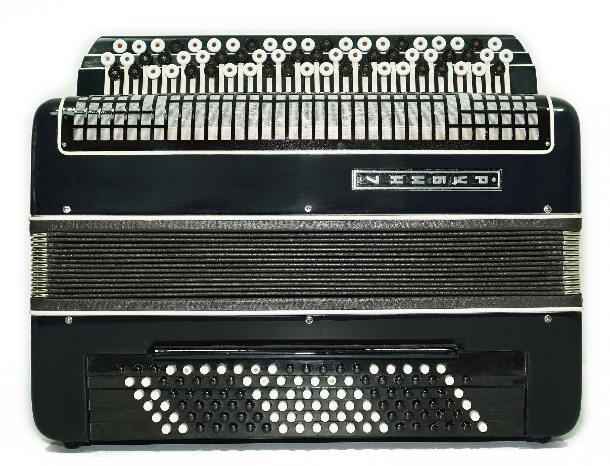 Converter Bayan Rubin 7 Free Bass and Stradella, 120 Bass Button Accordion, Vintage Russian Bayan Accordian with Straps and Case, 2717