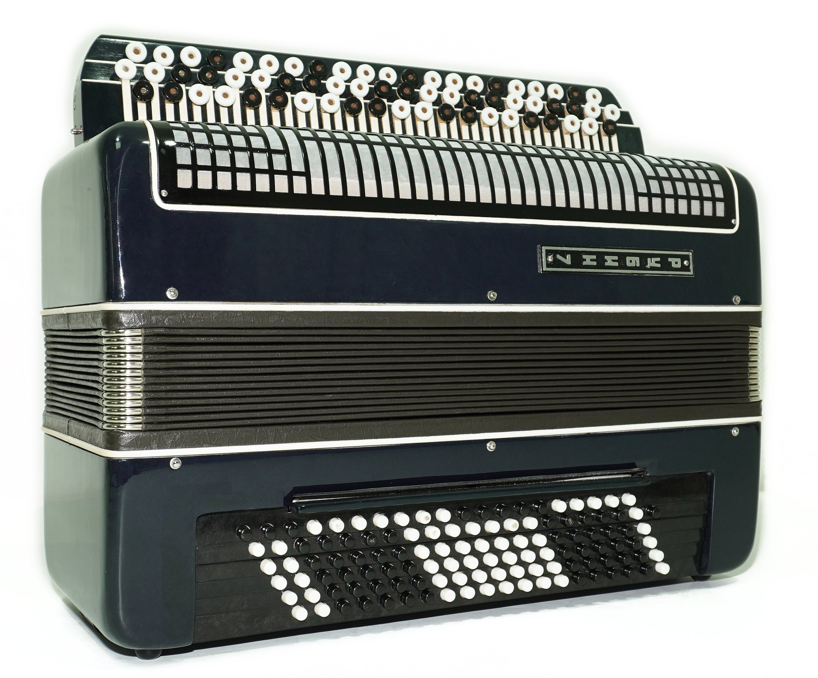 Converter Bayan Rubin 7 Free Bass and Stradella, 120 Bass Button Accordion, Vintage Russian Bayan Accordian with Straps and Case, 2717