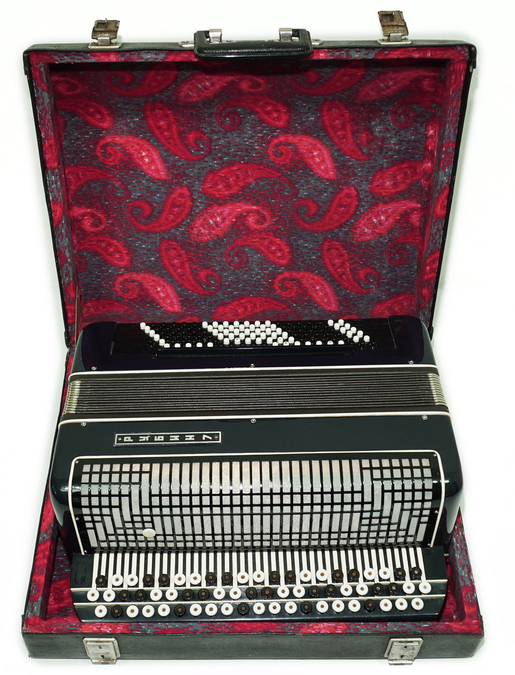 Converter Bayan Rubin 7 Free Bass and Stradella, 120 Bass Button Accordion, Vintage Russian Bayan Accordian with Straps and Case, 2717