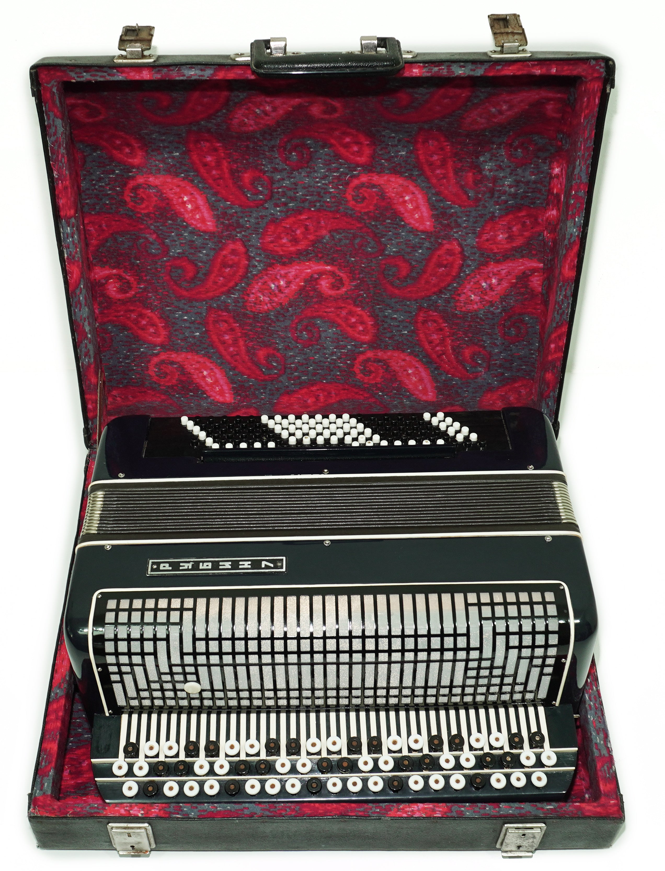 Converter Bayan Rubin 7 Free Bass and Stradella, 120 Bass Button Accordion, Vintage Russian Bayan Accordian with Straps and Case, 2717