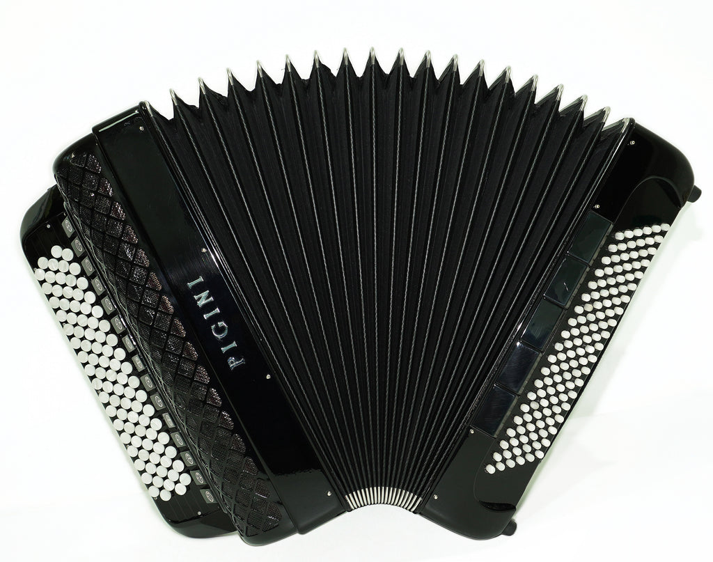 PIGINI Professional 5 Row Button Accordion 120 Bass C Griff, Double Cassotto, made in Italy, Straps and Case, 2716
