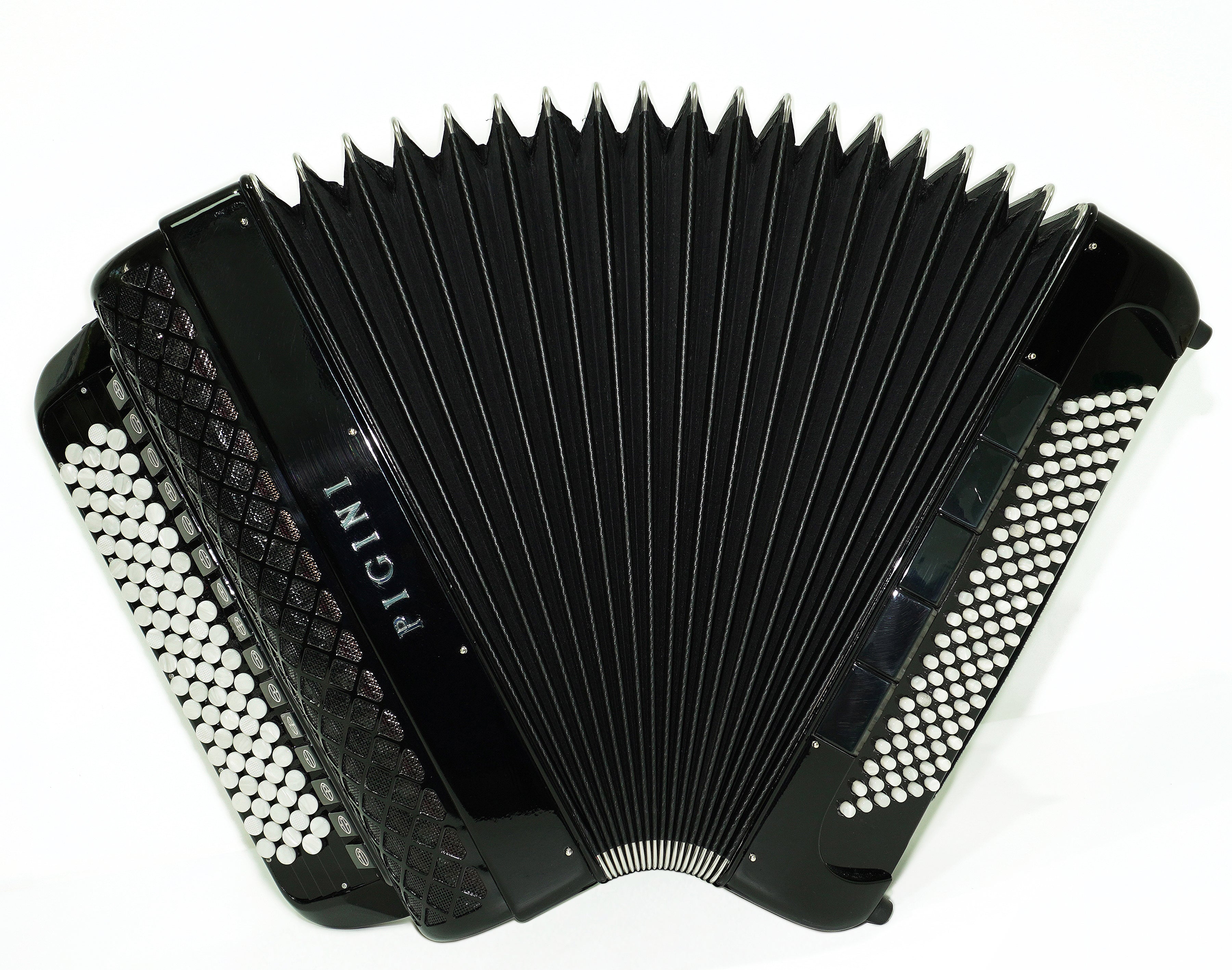PIGINI Professional 5 Row Button Accordion 120 Bass C Griff, Double Cassotto, made in Italy, Straps and Case, 2716