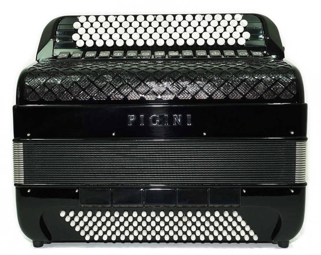 PIGINI Professional 5 Row Button Accordion 120 Bass C Griff, Double Cassotto, made in Italy, Straps and Case, 2716