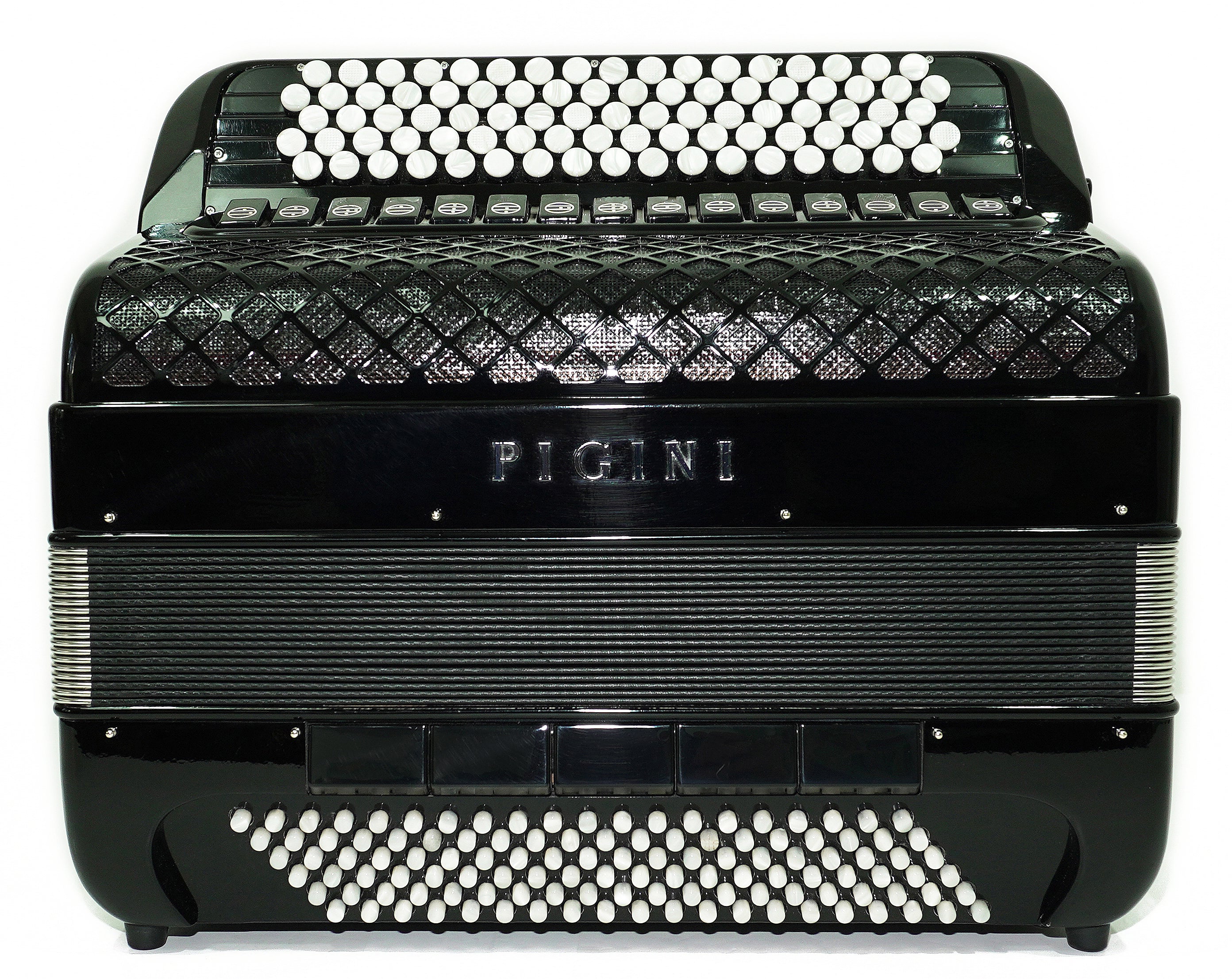 PIGINI Professional 5 Row Button Accordion 120 Bass C Griff, Double Cassotto, made in Italy, Straps and Case, 2716
