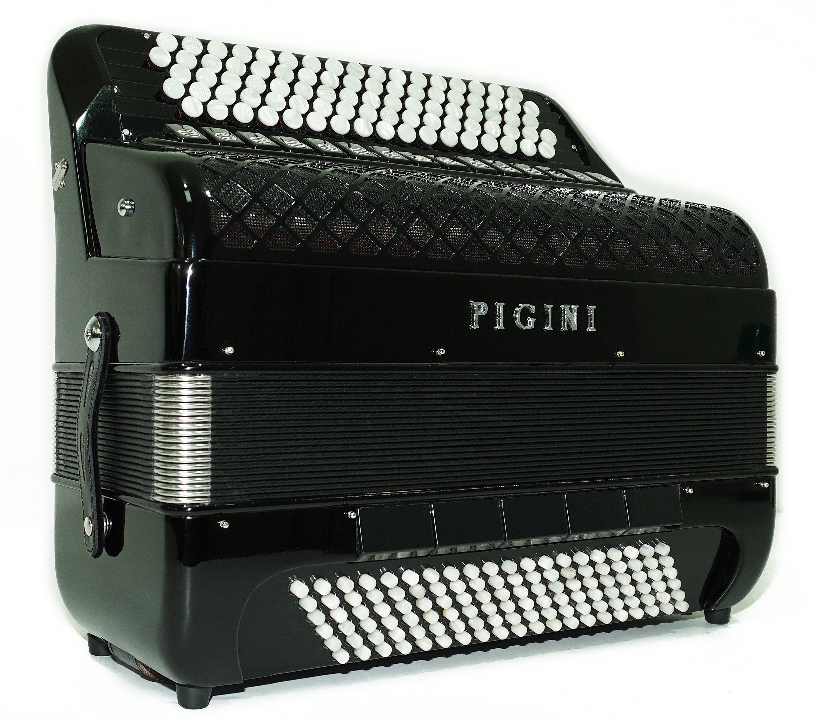 PIGINI Professional 5 Row Button Accordion 120 Bass C Griff, Double Cassotto, made in Italy, Straps and Case, 2716