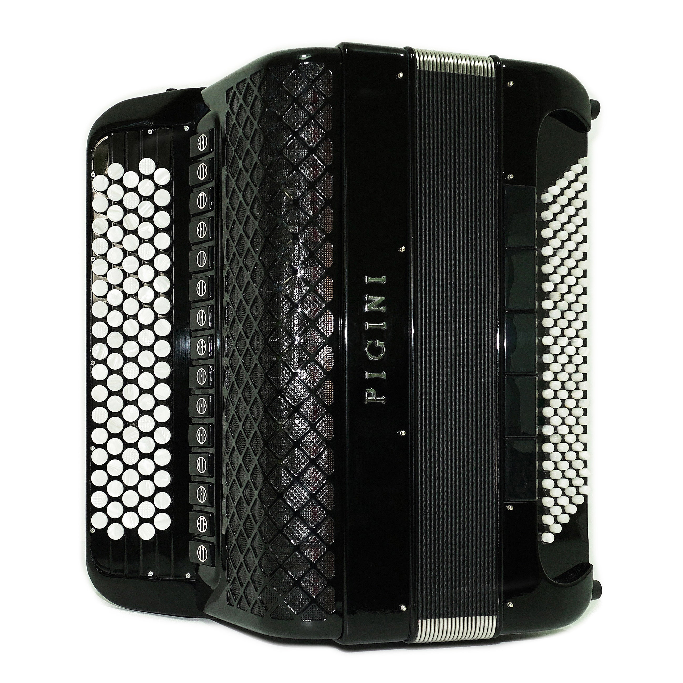 PIGINI Professional 5 Row Button Accordion 120 Bass C Griff, Double Cassotto, made in Italy, Straps and Case, 2716