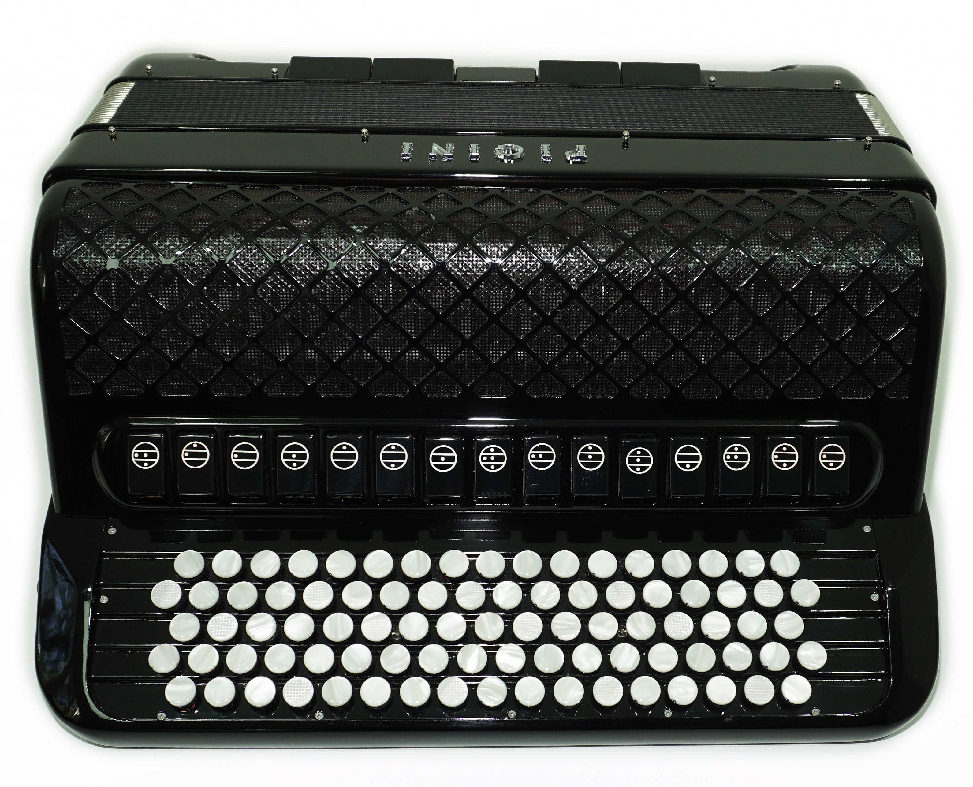 PIGINI Professional 5 Row Button Accordion 120 Bass C Griff, Double Cassotto, made in Italy, Straps and Case, 2716