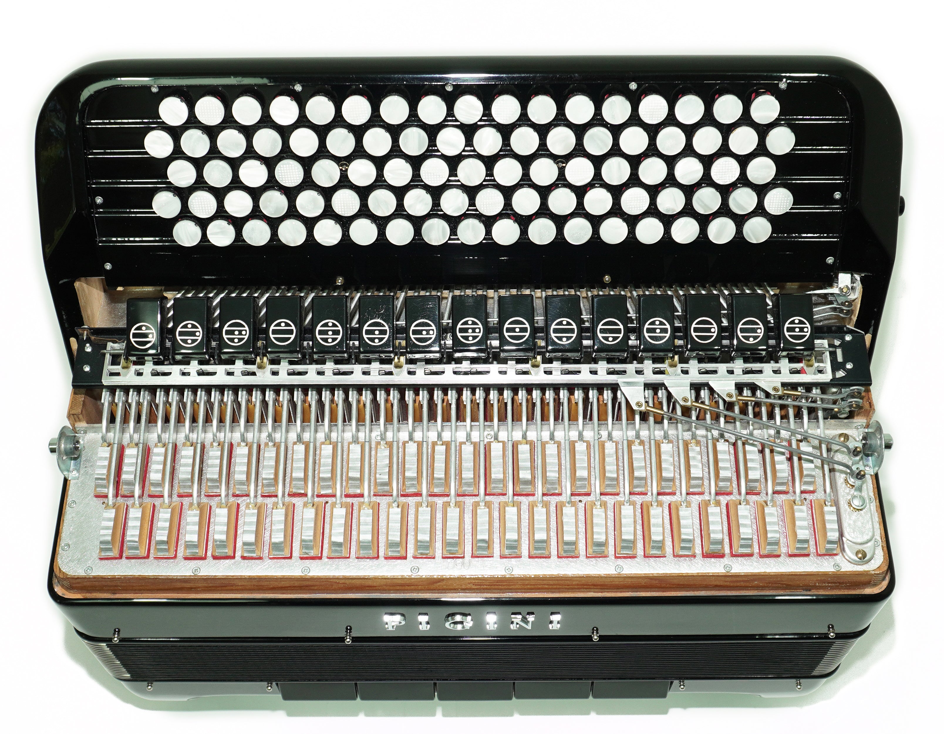 PIGINI Professional 5 Row Button Accordion 120 Bass C Griff, Double Cassotto, made in Italy, Straps and Case, 2716