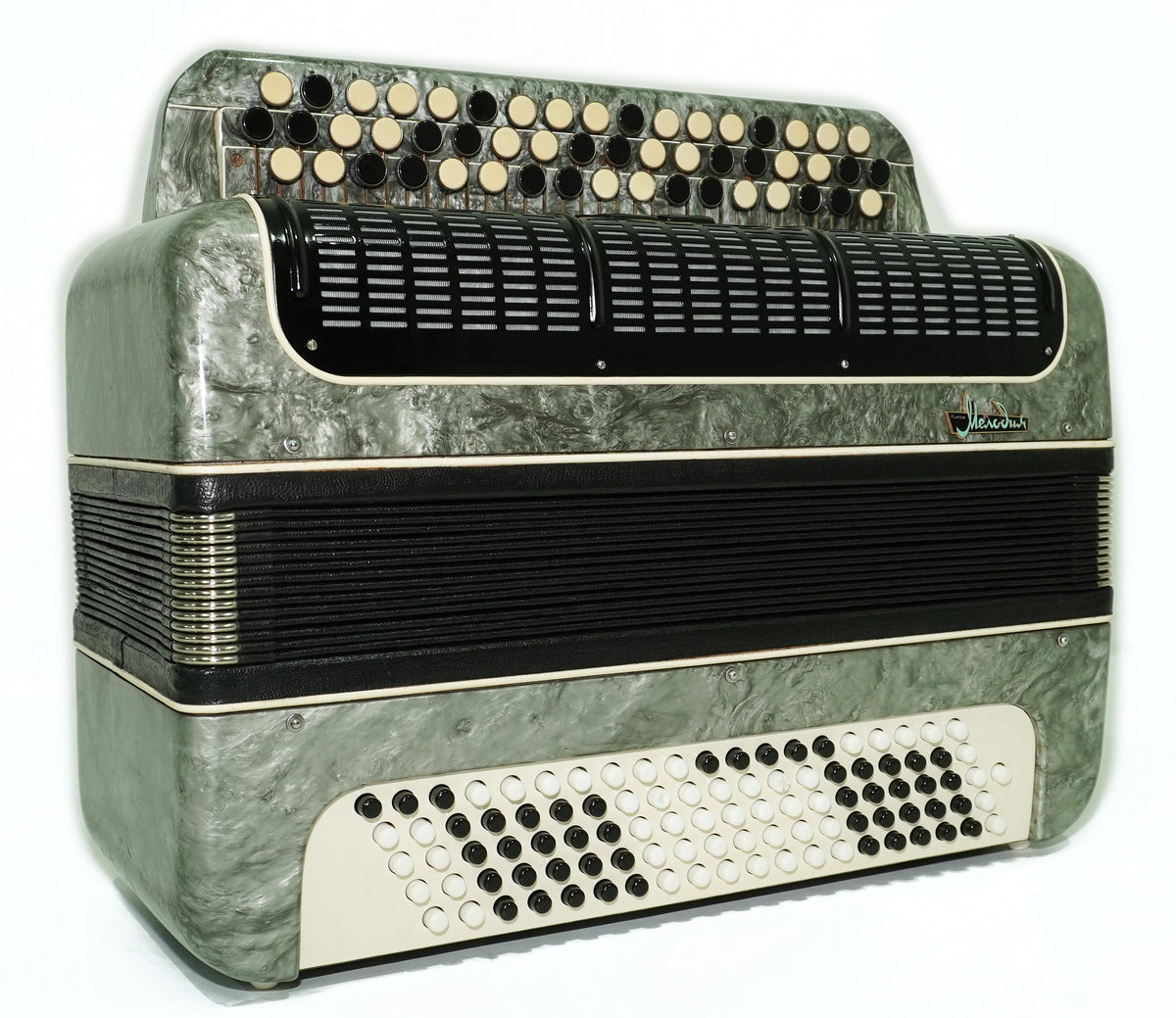 Russian Bayan Melodia Kirov, Vintage Chromatic Button accordion, made in USSR, New Straps and Soft Bag, Rich and Beautiful sound, 2751