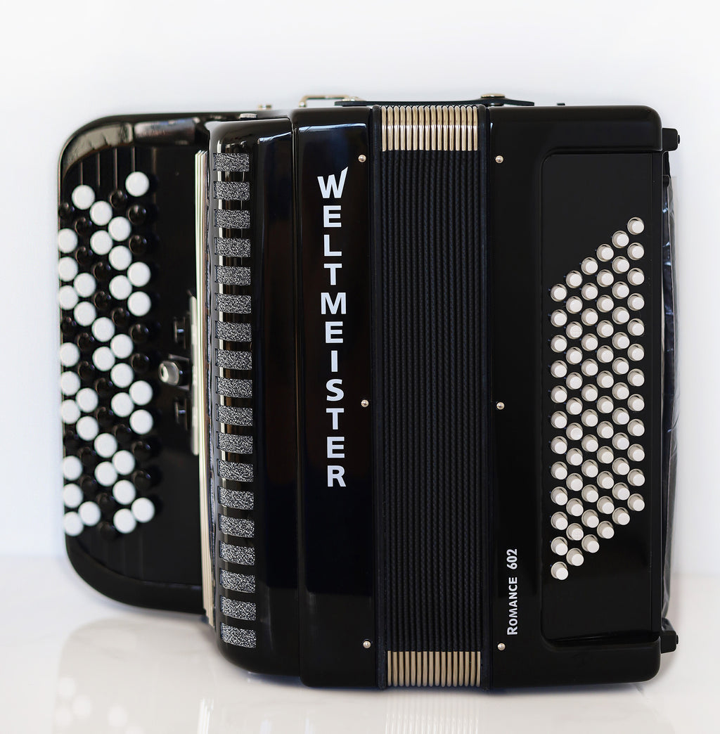 NEW Weltmeister Romance 602 Button Accordion, made in Germany, 72 Bass buttons, Lightweight Accordion B-Gripp, Black, Straps and Case, Item Location USA