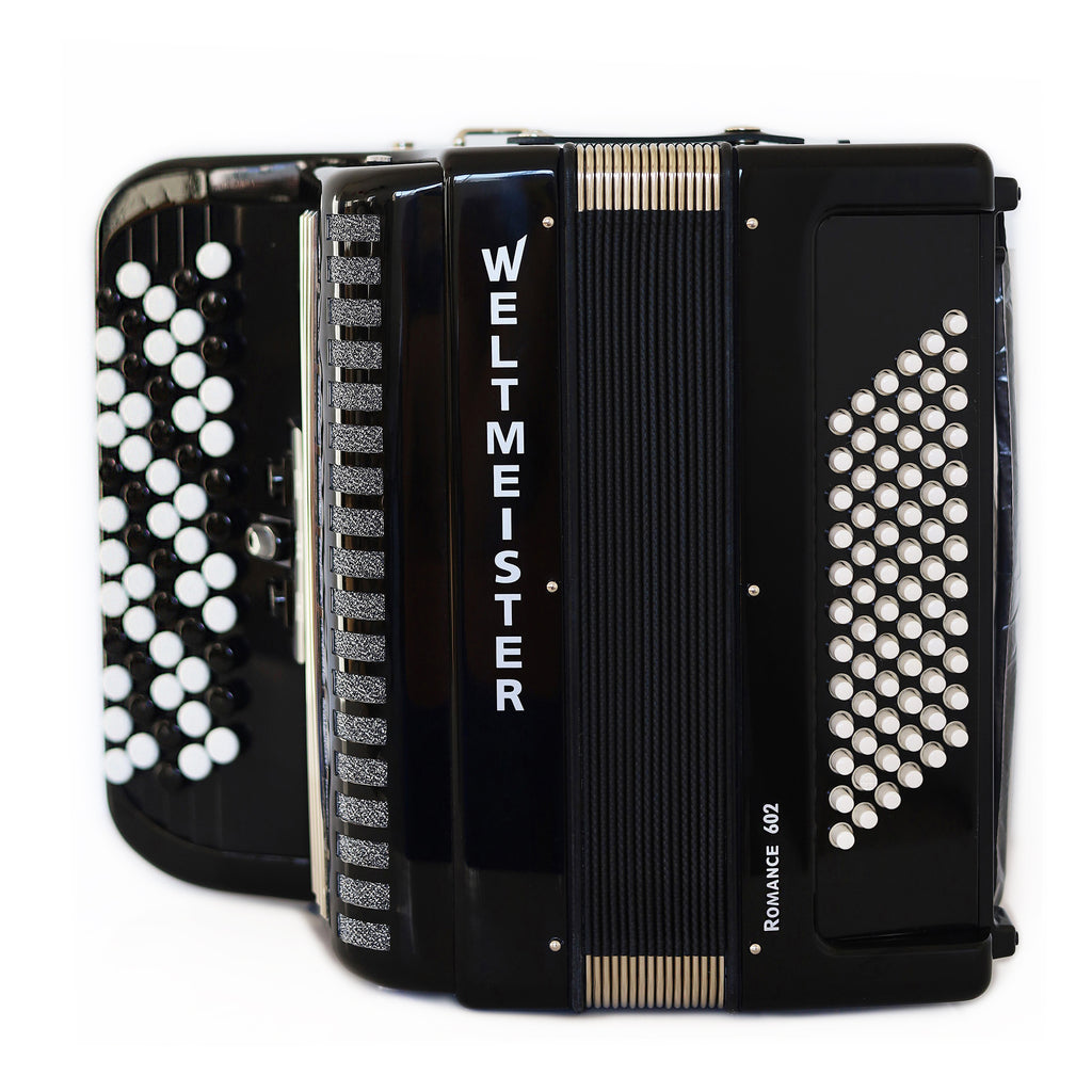 NEW Weltmeister Romance 602 Button Accordion, made in Germany, 72 Bass buttons, Lightweight Accordion B-Gripp, Black, Straps and Case, Item Location USA