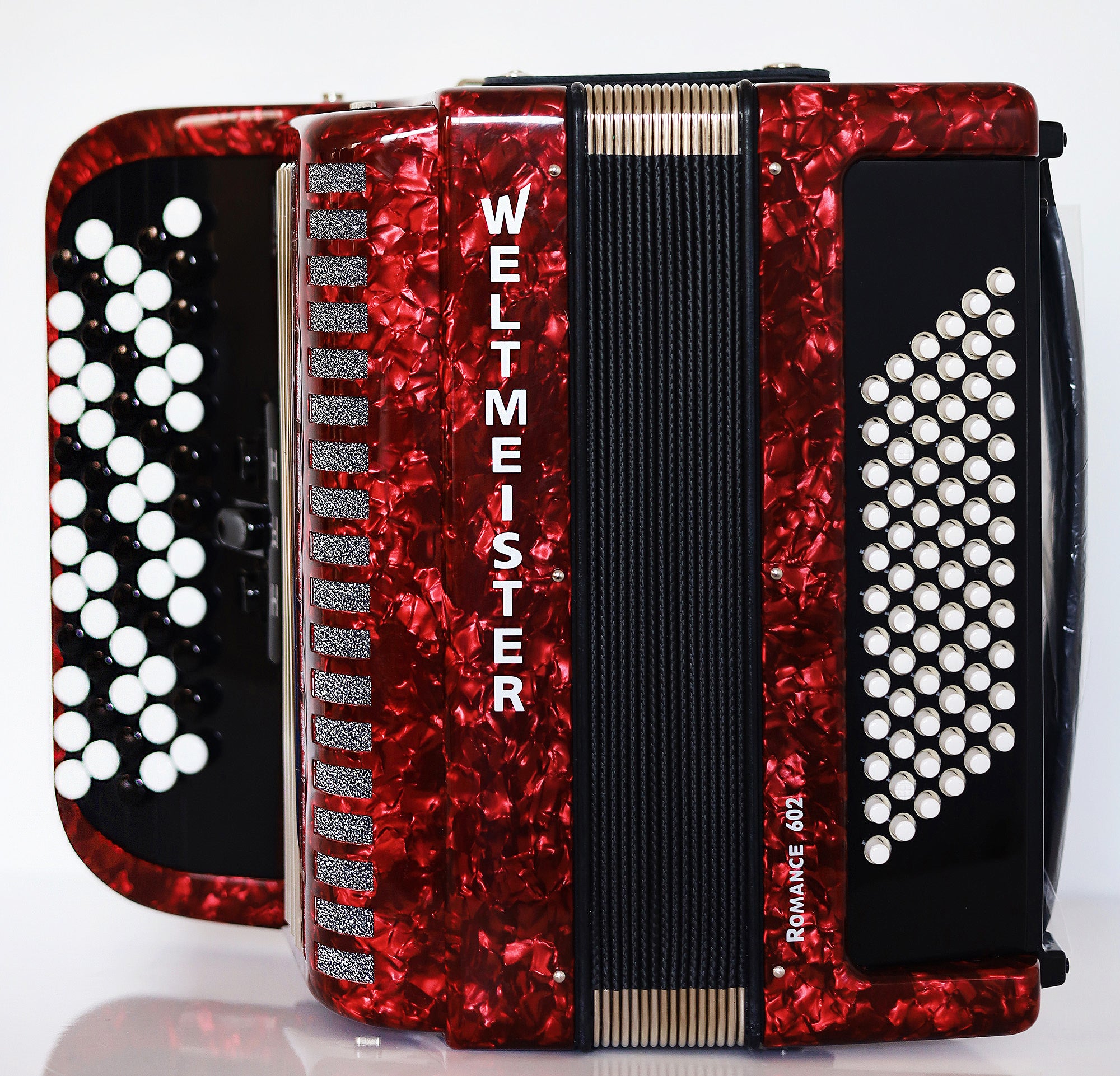 NEW Weltmeister Romance 602 Button Accordion, made in Germany, 72 Bass buttons, Lightweight Accordion B-Gripp, Red Pearl, Straps and Case, Shipping from USA