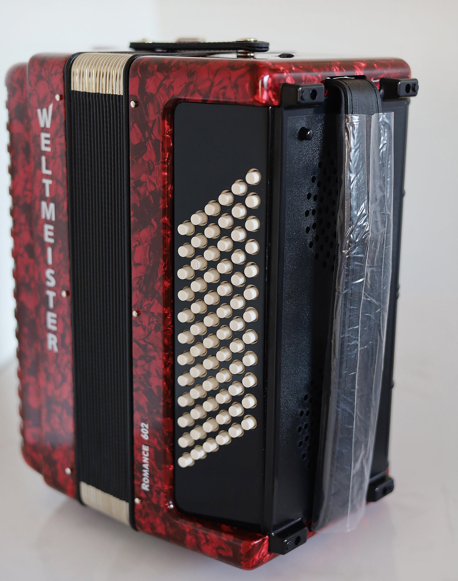 NEW Weltmeister Romance 602 Button Accordion, made in Germany, 72 Bass buttons, Lightweight Accordion B-Gripp, Red Pearl, Straps and Case, Shipping from USA