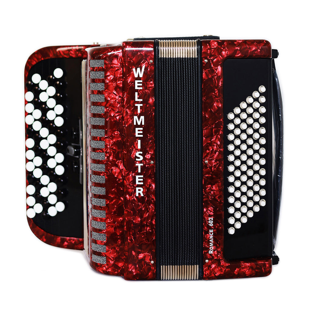 NEW Weltmeister Romance 602 Button Accordion, made in Germany, 72 Bass buttons, Lightweight Accordion B-Gripp, Red Pearl, Straps and Case, Shipping from USA