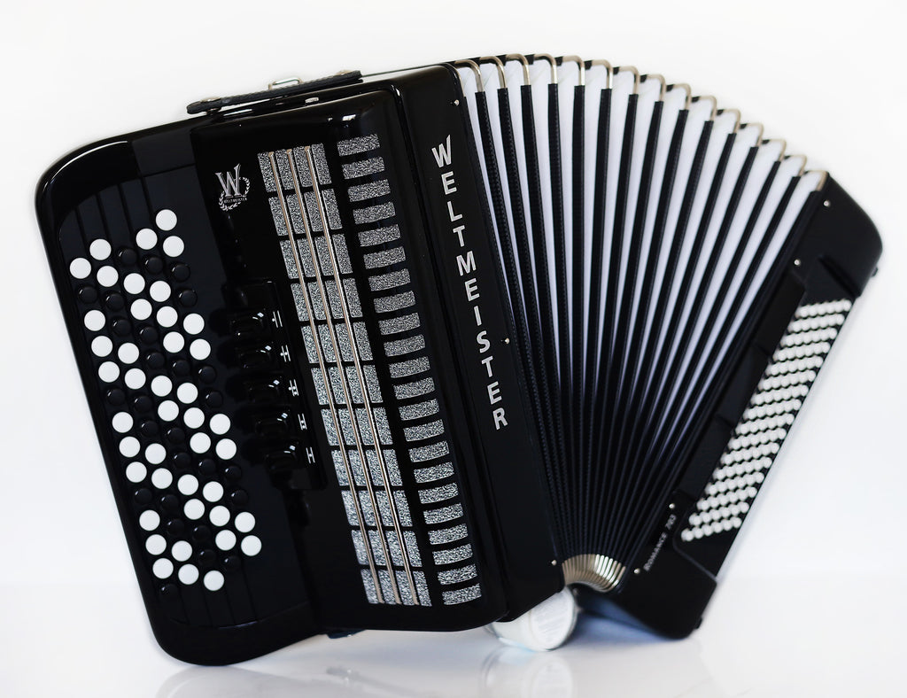 NEW Weltmeister Romance 703 Button Accordion, made in Germany, 96 Bass buttons, 5 Row Accordion B-Gripp, Black, Straps and Case, Shipping from USA