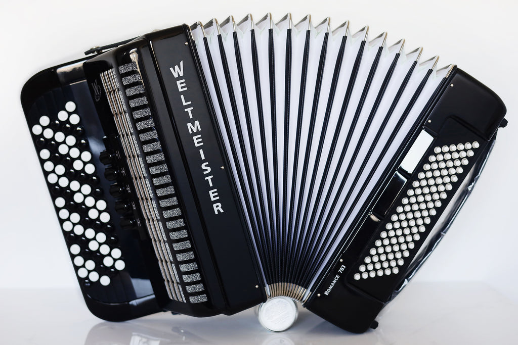 NEW Weltmeister Romance 703 Button Accordion, made in Germany, 96 Bass buttons, 5 Row Accordion B-Gripp, Black, Straps and Case, Shipping from USA