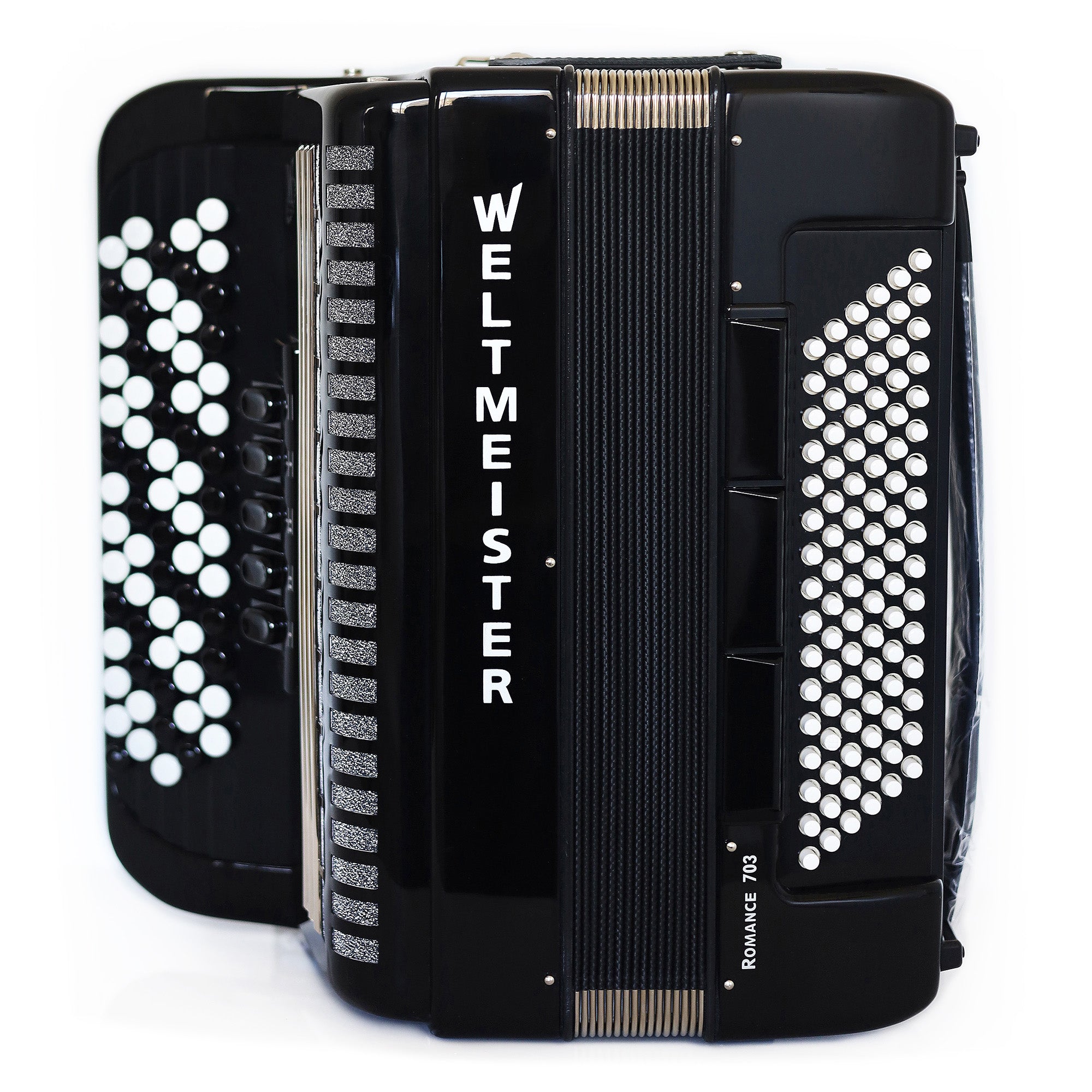 NEW Weltmeister Romance 703 Button Accordion, made in Germany, 96 Bass buttons, 5 Row Accordion B-Gripp, Black, Straps and Case, Shipping from USA