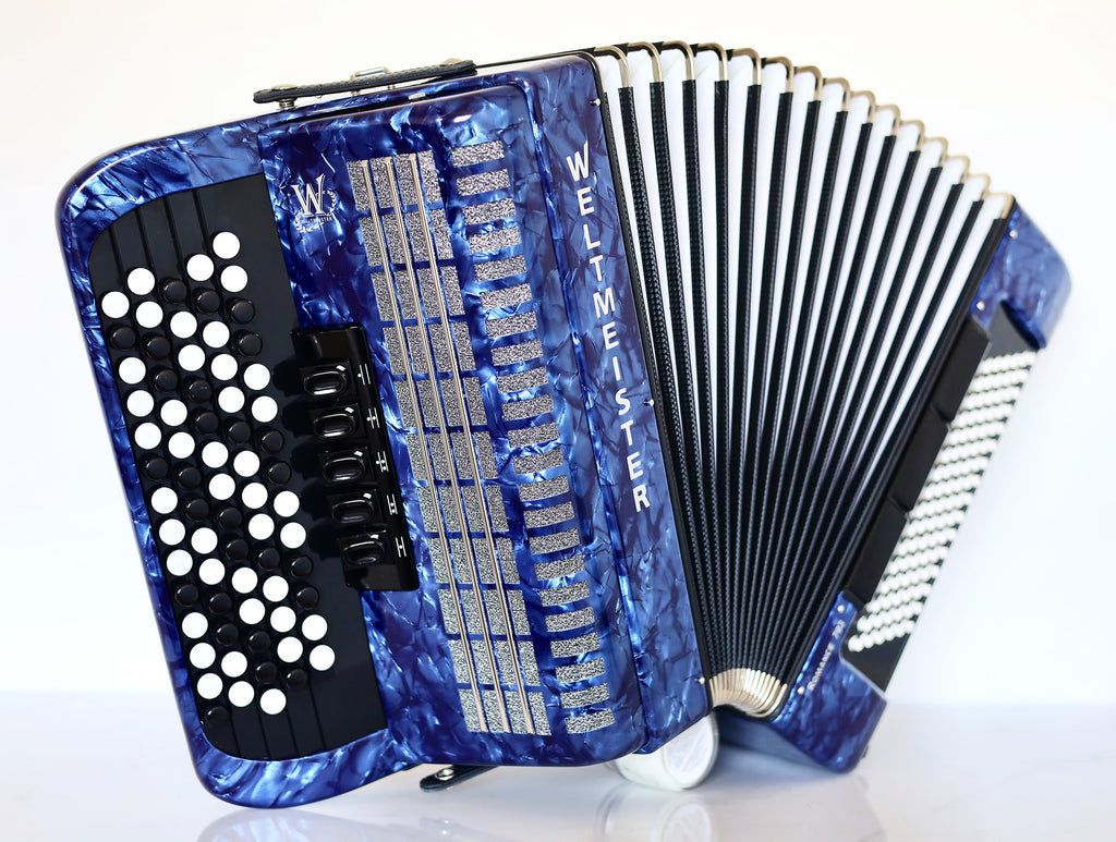 NEW Weltmeister Romance 703 5 Rows Chromatic Button Accordion, made in Germany, 96 Bass buttons, B-Gripp, Blue Pearl, incl. Straps and Case, Item Location USA