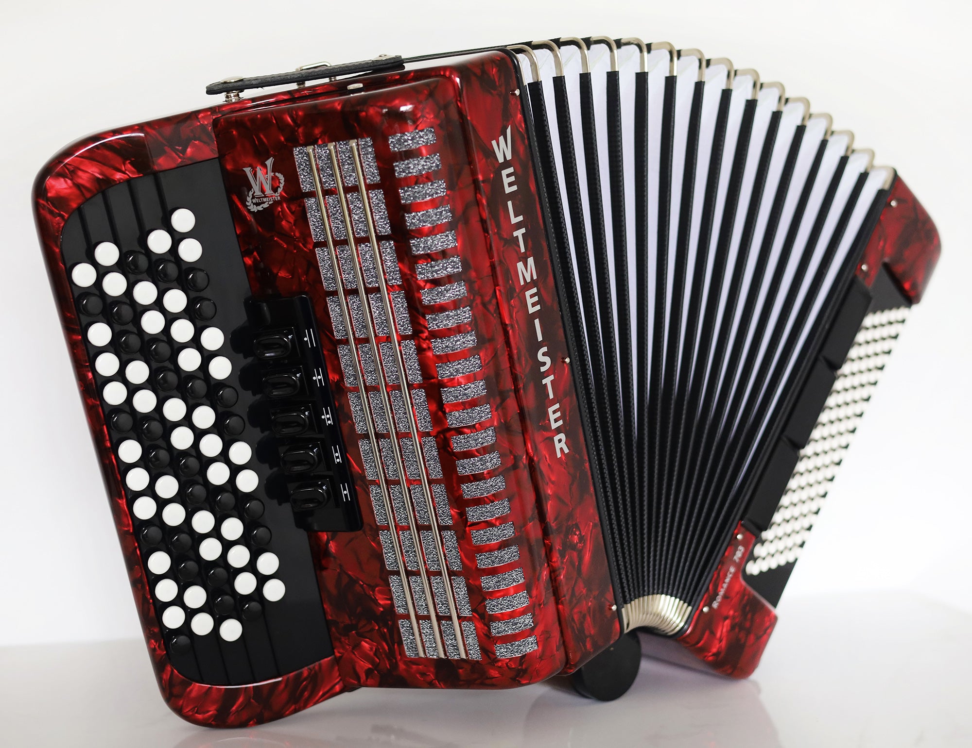 NEW Weltmeister Romance 703 5 Rows Chromatic Button Accordion, made in Germany, 96 Bass buttons, B-Gripp, Red Pearl, incl. Straps and Case, Item Location USA