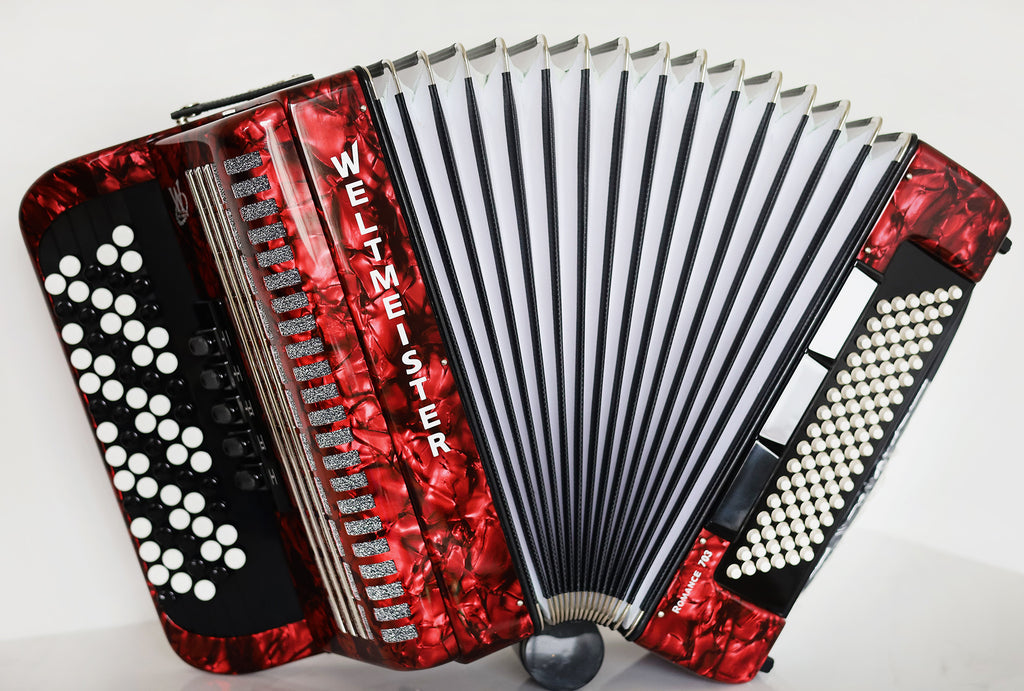 NEW Weltmeister Romance 703 5 Rows Chromatic Button Accordion, made in Germany, 96 Bass buttons, B-Gripp, Red Pearl, incl. Straps and Case, Item Location USA