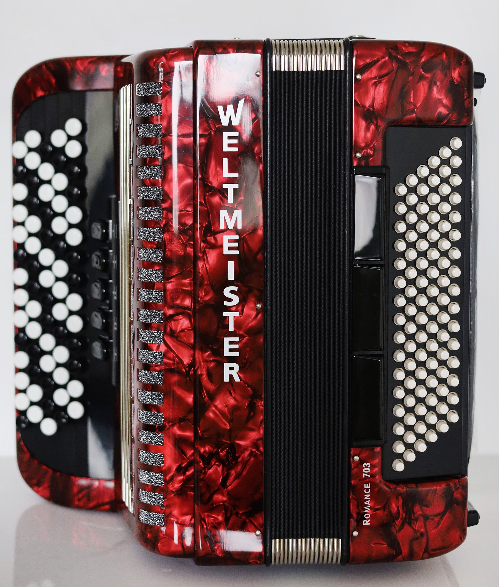 NEW Weltmeister Romance 703 5 Rows Chromatic Button Accordion, made in Germany, 96 Bass buttons, B-Gripp, Red Pearl, incl. Straps and Case, Item Location USA