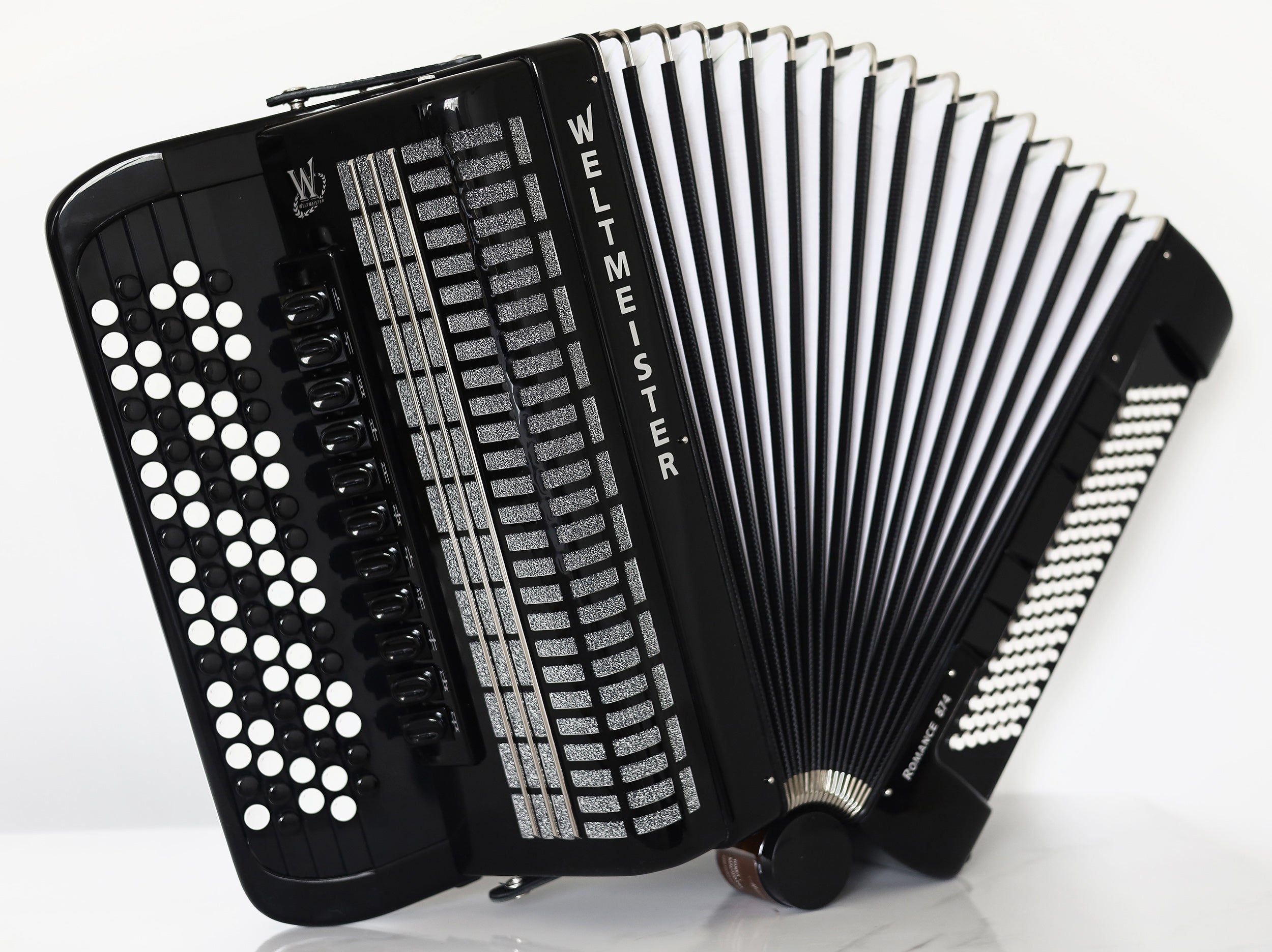 NEW Weltmeister Romance 874 5 Rows Chromatic Button Accordion, made in Germany, 120 Bass buttons, B-Gripp, Black, incl. Straps and Case, Item Location USA
