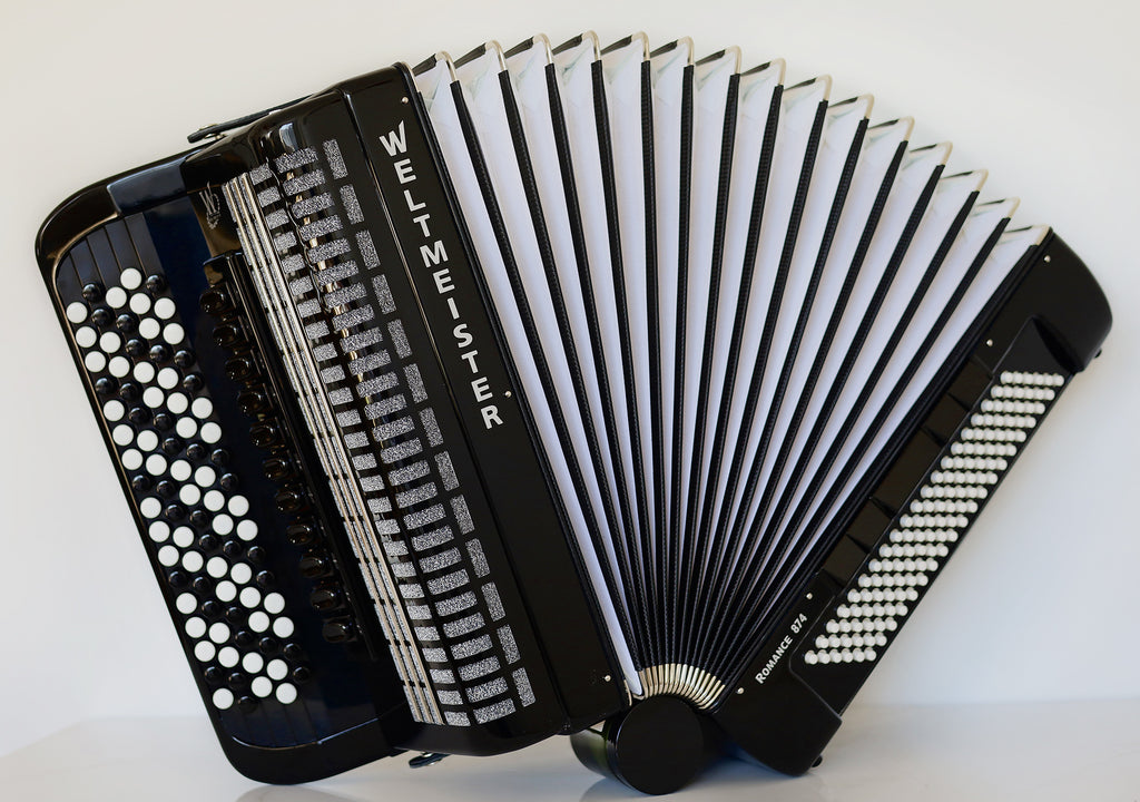 NEW Weltmeister Romance 874 5 Rows Chromatic Button Accordion, made in Germany, 120 Bass buttons, B-Gripp, Black, incl. Straps and Case, Item Location USA
