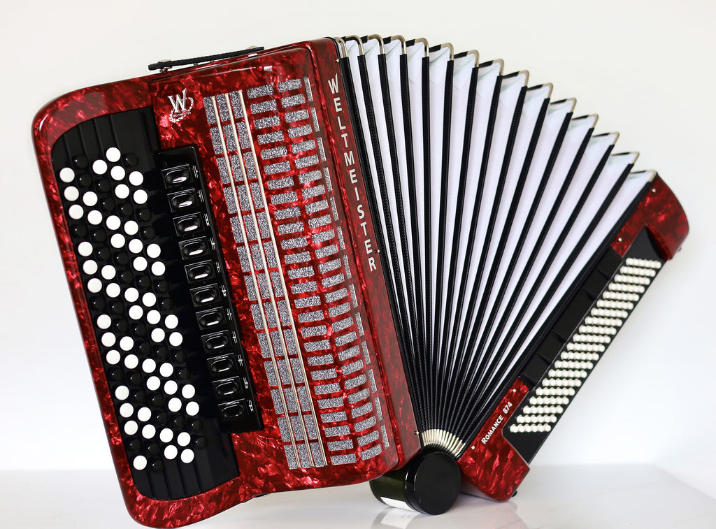 NEW 5 Rows Weltmeister Romance 874 Professional Concert Button Accordion, made in Germany, 120 Bass buttons, B-Gripp, Red-Pearloid, incl. Straps and Case, Item Location USA
