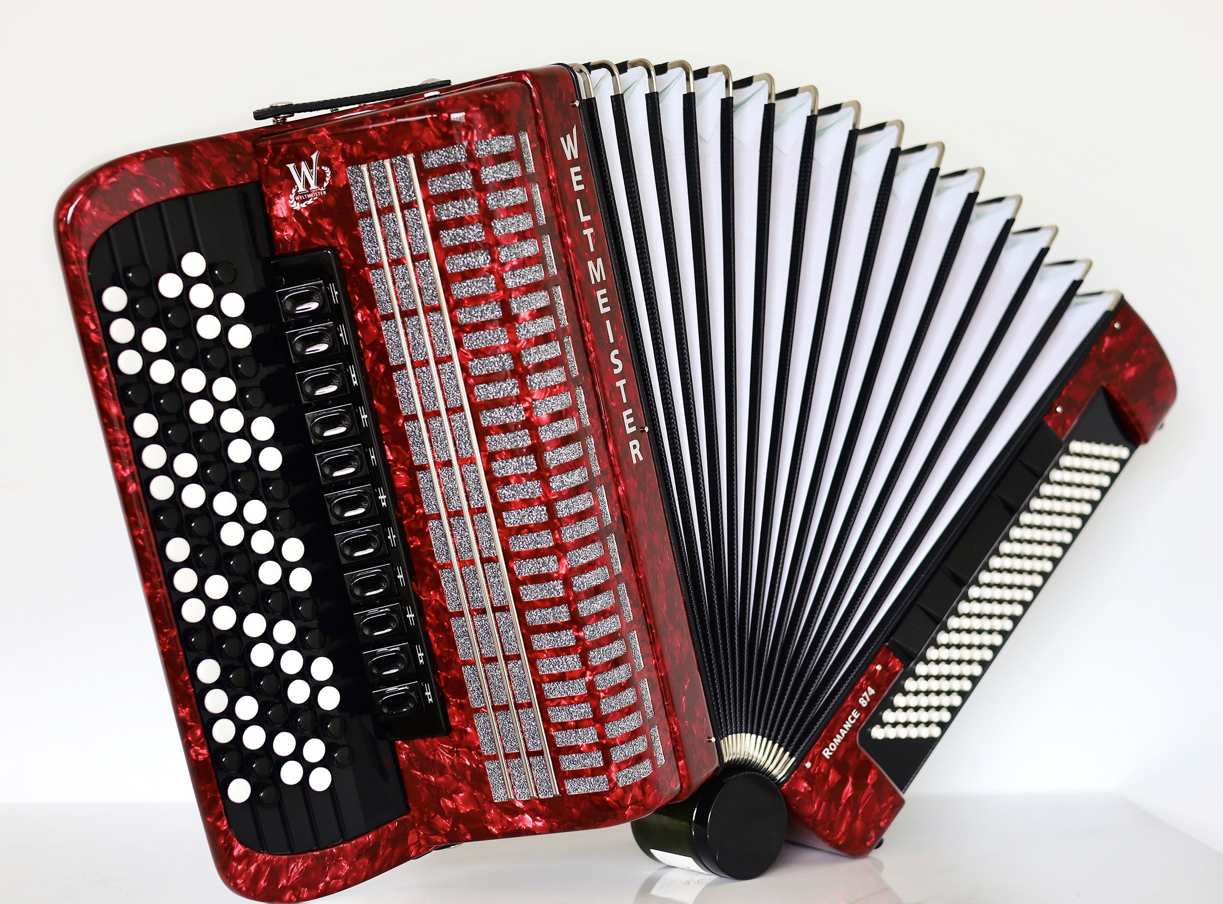 NEW 5 Rows Weltmeister Romance 874 Professional Concert Button Accordion, made in Germany, 120 Bass buttons, B-Gripp, Red-Pearloid, incl. Straps and Case, Item Location USA