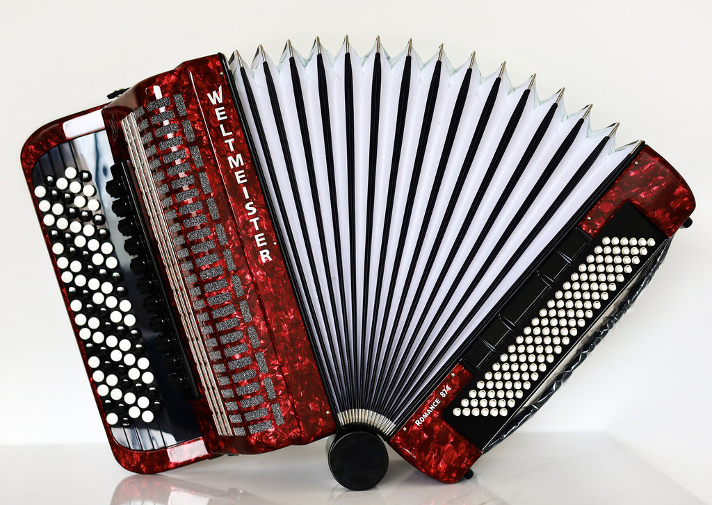 NEW 5 Rows Weltmeister Romance 874 Professional Concert Button Accordion, made in Germany, 120 Bass buttons, B-Gripp, Red-Pearloid, incl. Straps and Case, Item Location USA
