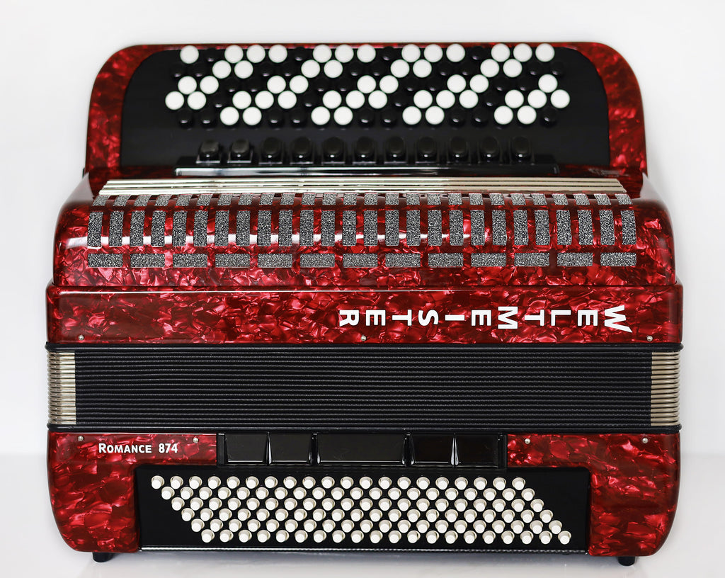 NEW 5 Rows Weltmeister Romance 874 Professional Concert Button Accordion, made in Germany, 120 Bass buttons, B-Gripp, Red-Pearloid, incl. Straps and Case, Item Location USA