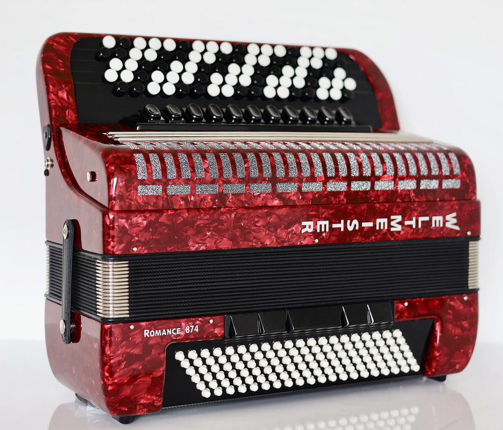 NEW 5 Rows Weltmeister Romance 874 Professional Concert Button Accordion, made in Germany, 120 Bass buttons, B-Gripp, Red-Pearloid, incl. Straps and Case, Item Location USA