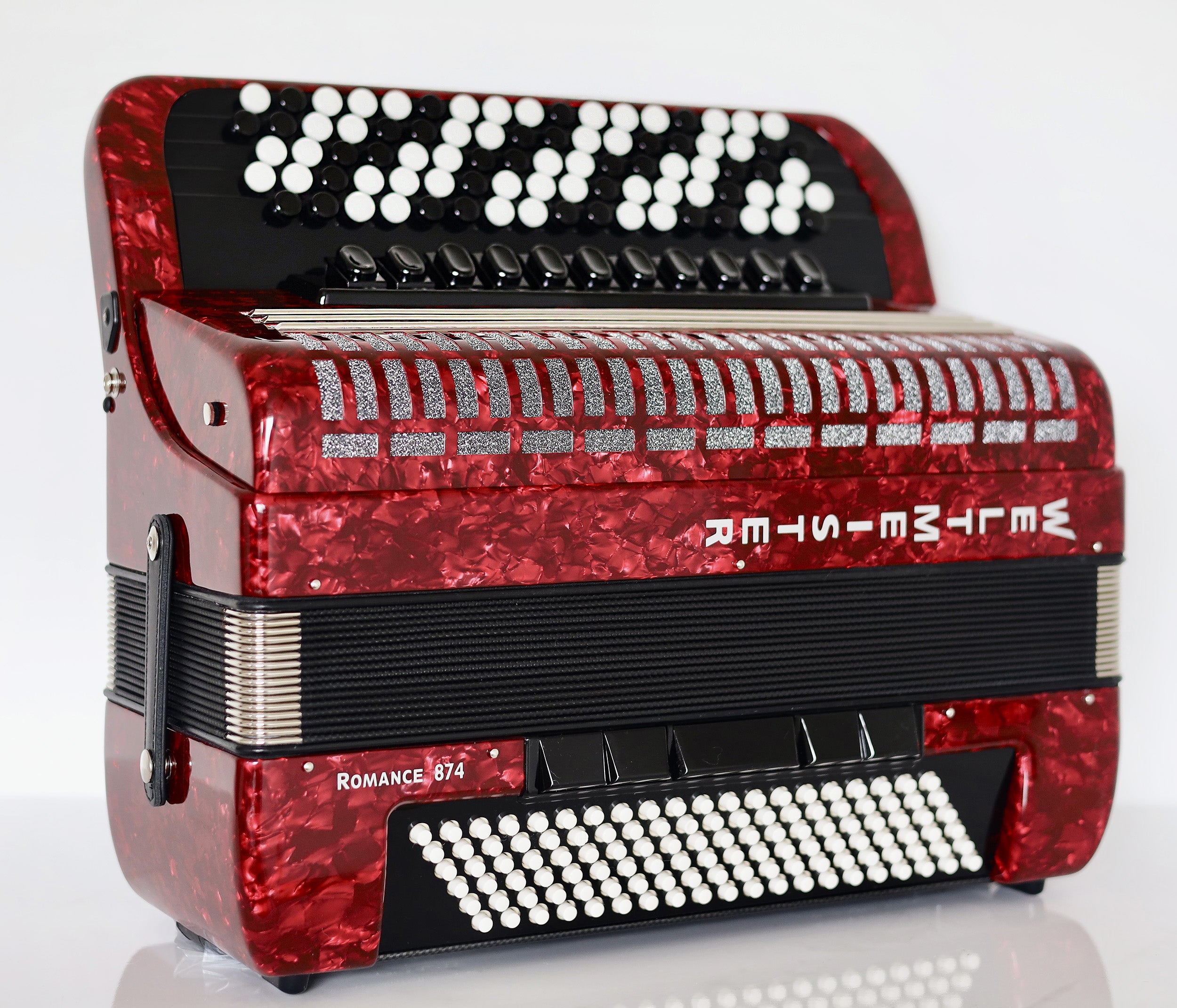 NEW 5 Rows Weltmeister Romance 874 Professional Concert Button Accordion, made in Germany, 120 Bass buttons, B-Gripp, Red-Pearloid, incl. Straps and Case, Item Location USA
