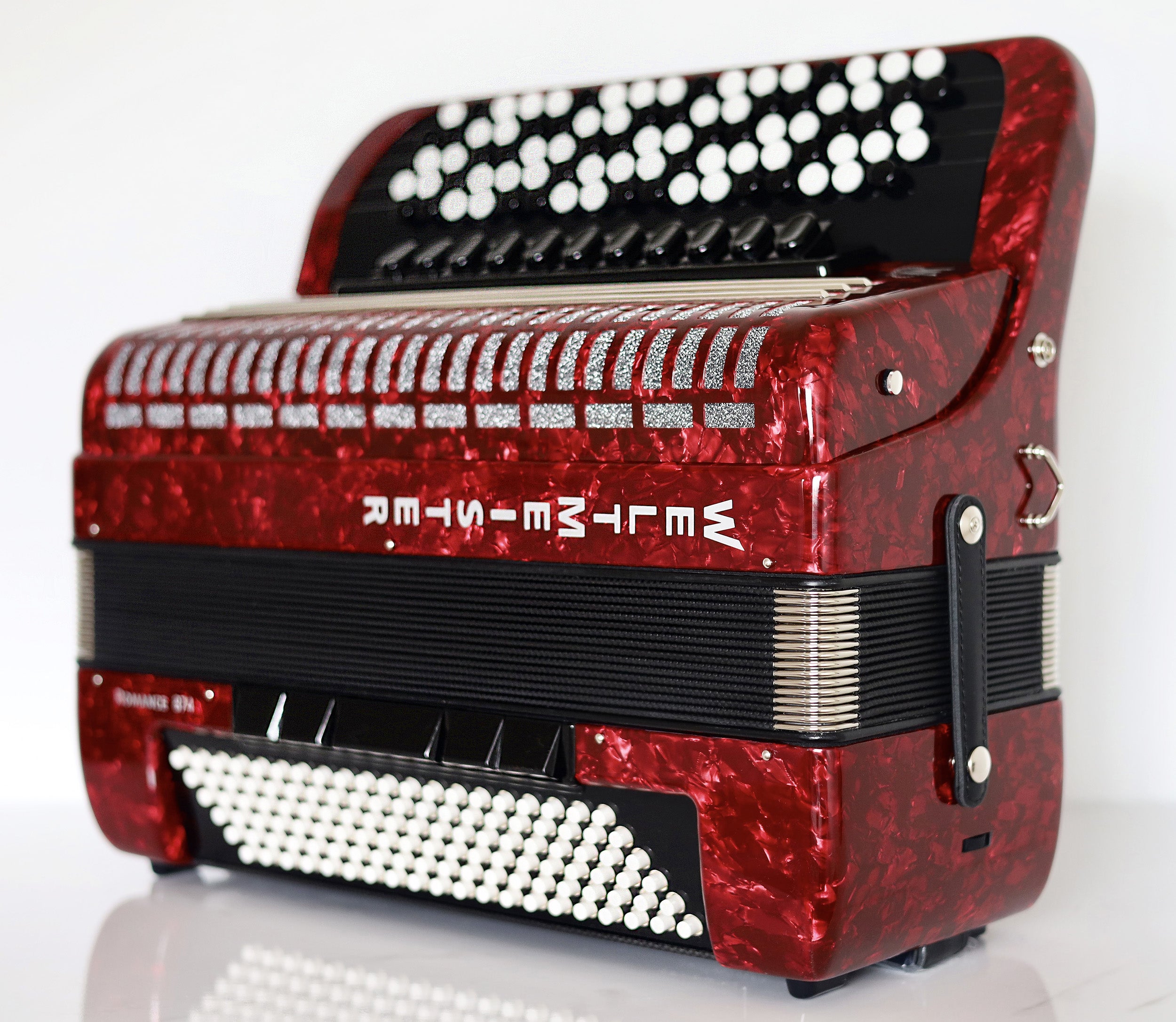NEW 5 Rows Weltmeister Romance 874 Professional Concert Button Accordion, made in Germany, 120 Bass buttons, B-Gripp, Red-Pearloid, incl. Straps and Case, Item Location USA