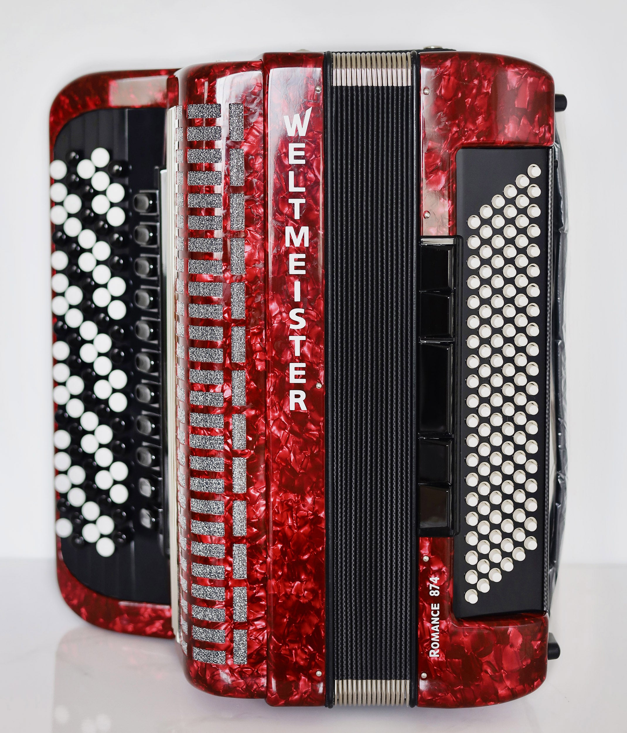 NEW 5 Rows Weltmeister Romance 874 Professional Concert Button Accordion, made in Germany, 120 Bass buttons, B-Gripp, Red-Pearloid, incl. Straps and Case, Item Location USA