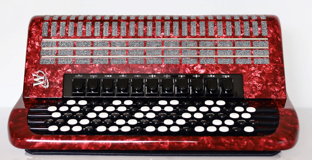 NEW 5 Rows Weltmeister Romance 874 Professional Concert Button Accordion, made in Germany, 120 Bass buttons, B-Gripp, Red-Pearloid, incl. Straps and Case, Item Location USA