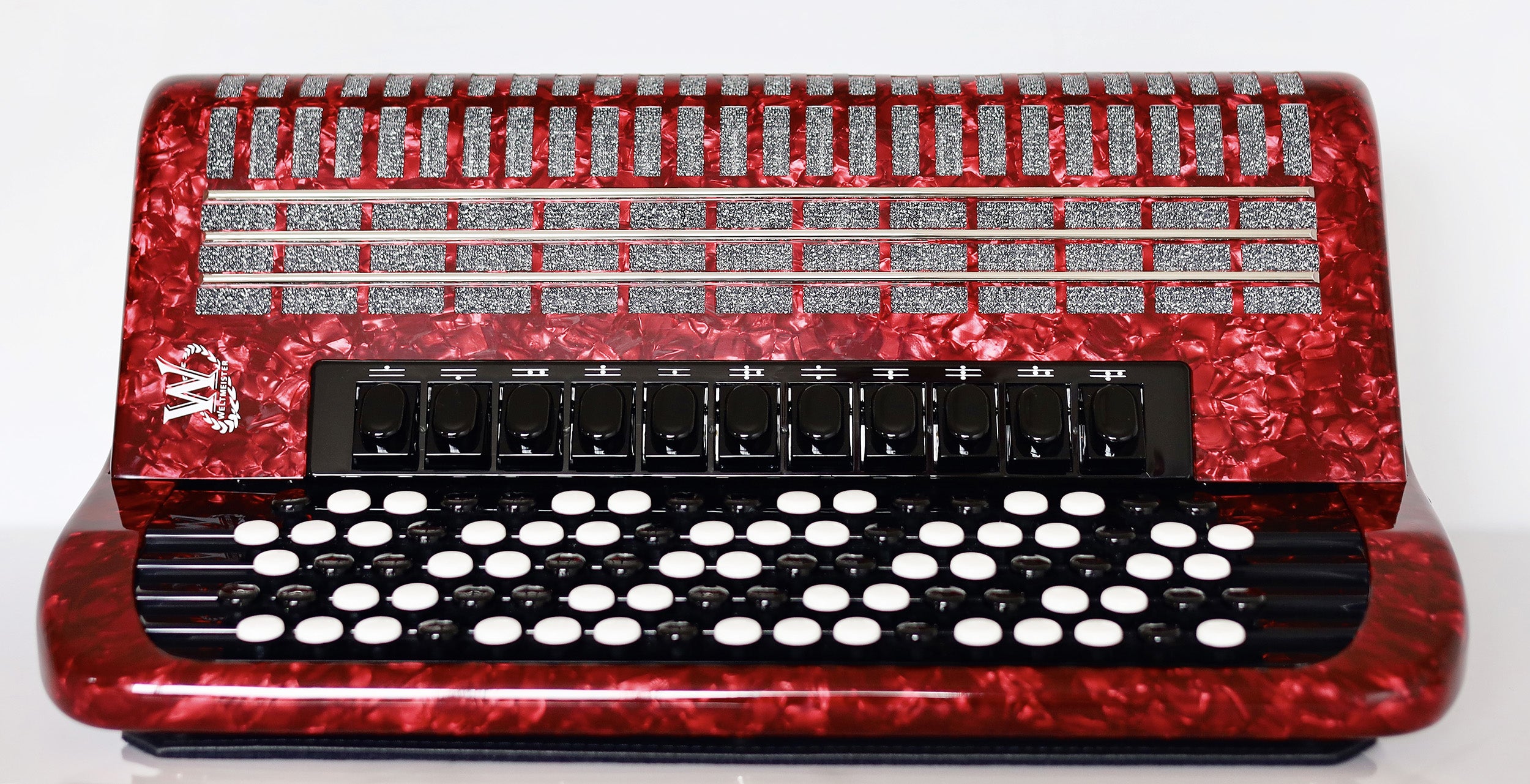 NEW 5 Rows Weltmeister Romance 874 Professional Concert Button Accordion, made in Germany, 120 Bass buttons, B-Gripp, Red-Pearloid, incl. Straps and Case, Item Location USA