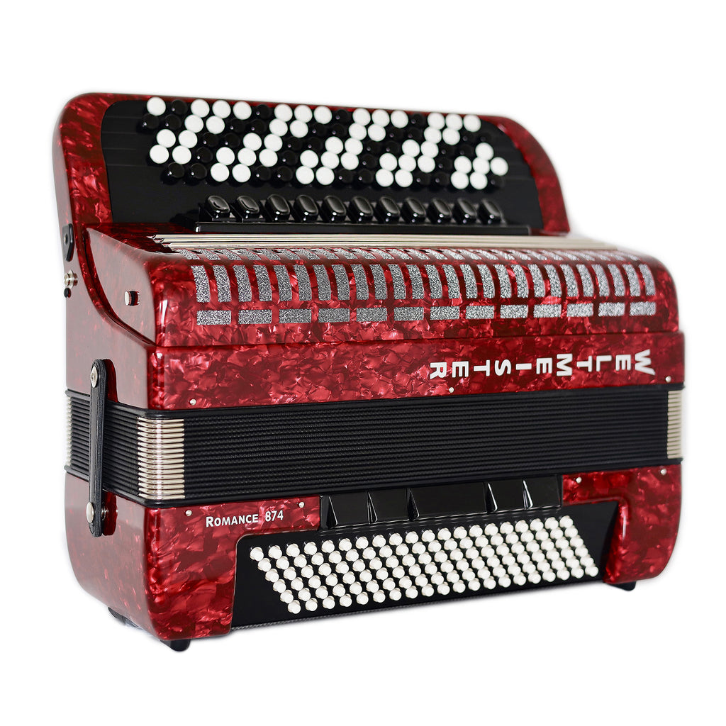 NEW 5 Rows Weltmeister Romance 874 Professional Concert Button Accordion, made in Germany, 120 Bass buttons, B-Gripp, Red-Pearloid, incl. Straps and Case, Item Location USA