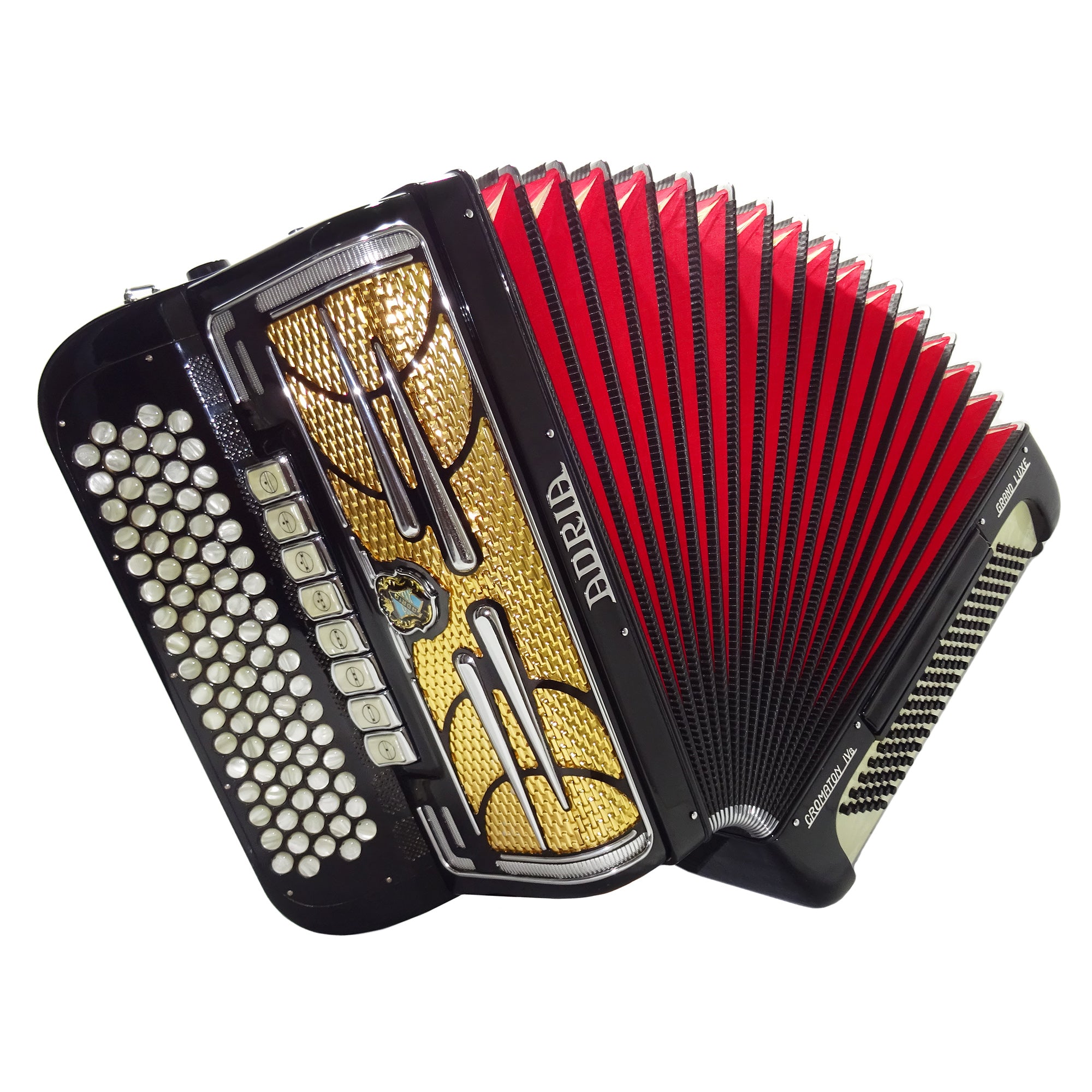 Adria Cromaton IV B Grand Luxe 5 Row Button Accordion 120 Bass, made in Italy, C Griff, Double Cassotto, 2536, includes Straps and Case, Amazing sound!