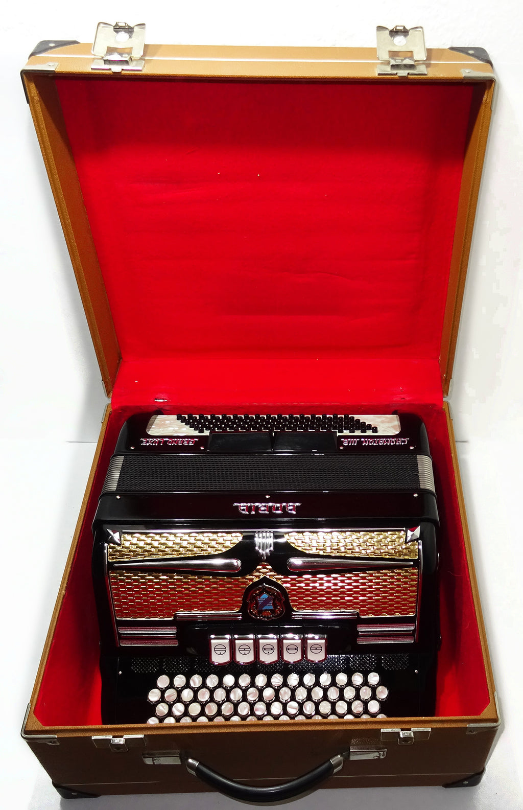 Adria Cromaton III B Grand Luxe 5 Row Button Accordion 96 Bass, made in Italy, with Straps and Hard Case, Lightweight Accordeone de Botones, 2542