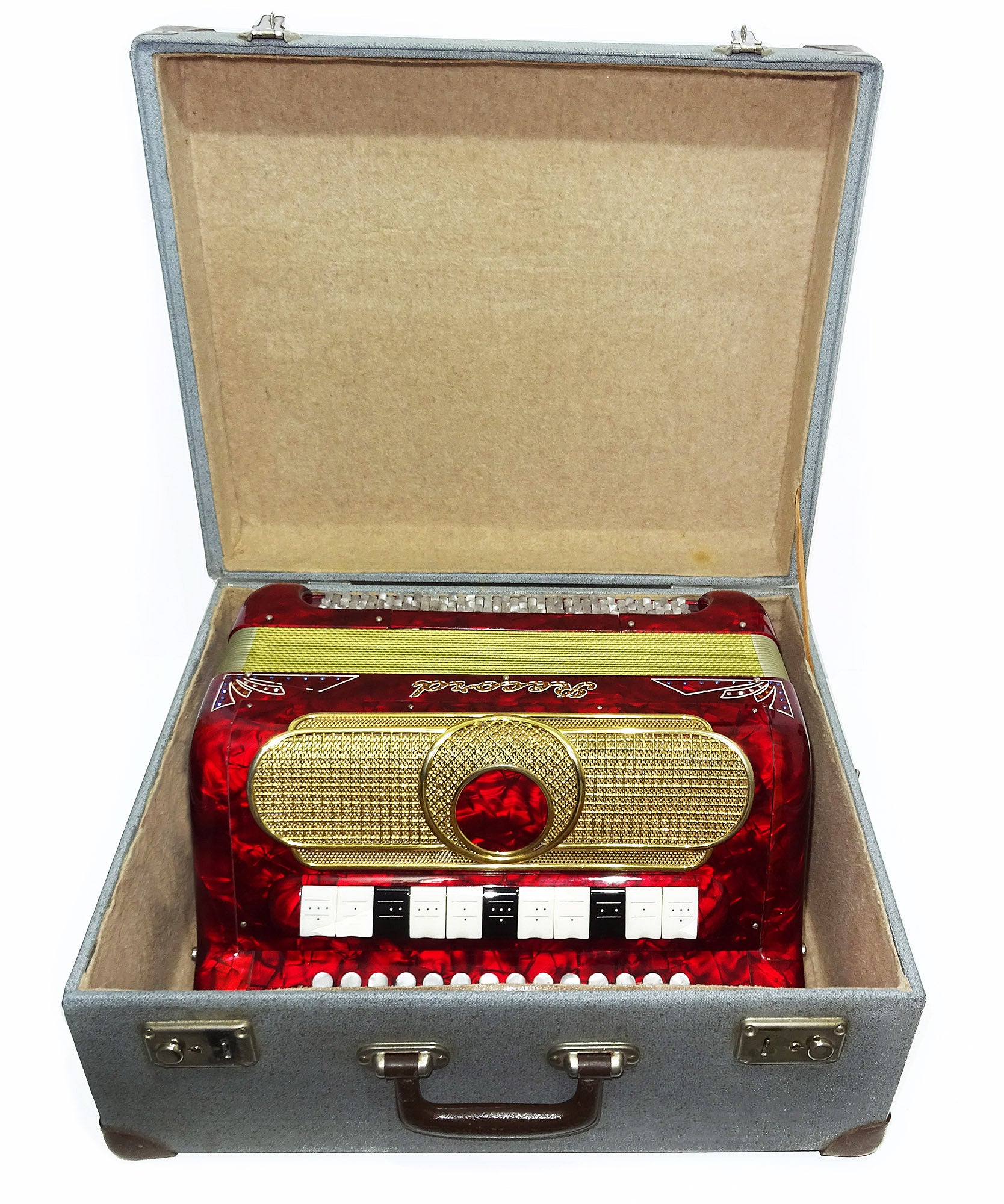Rare Button Accordion Record C System 123 Bass Buttons made in Italy New Straps Case 2098, Wonderful Rich sound!