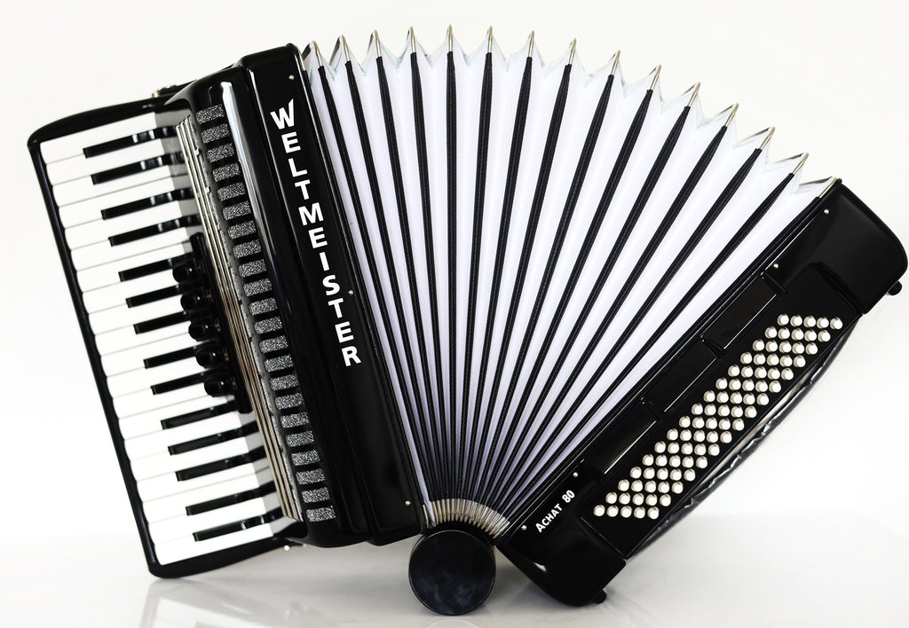 NEW Weltmeister Achat 80 Piano Accordion made in Germany, 80 Bass buttons, Original New Straps and Case, Keyboard Accordian, Black