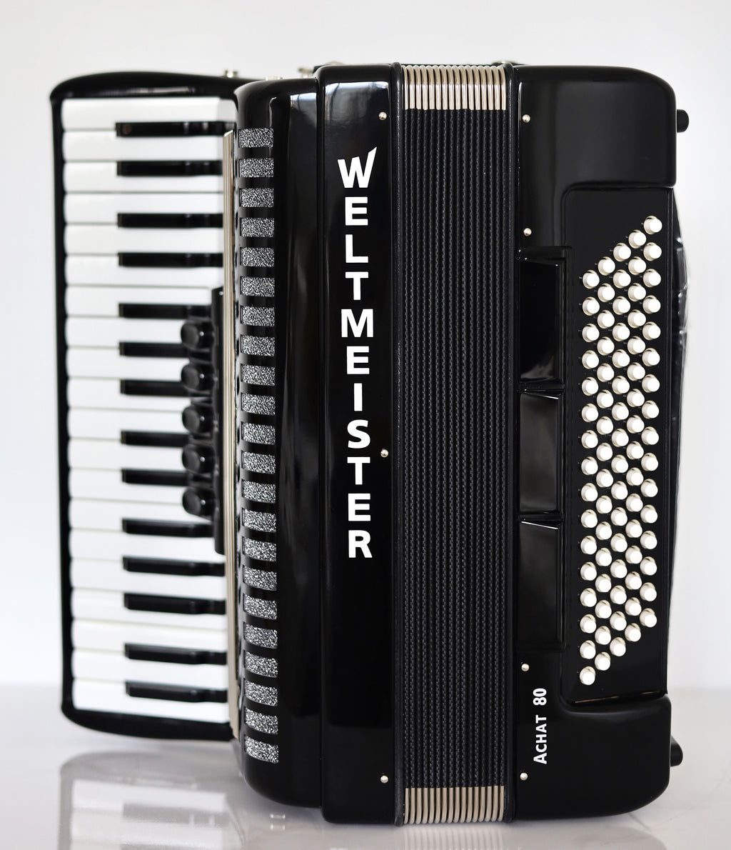 NEW Weltmeister Achat 80 Piano Accordion made in Germany, 80 Bass buttons, Original New Straps and Case, Keyboard Accordian, Black